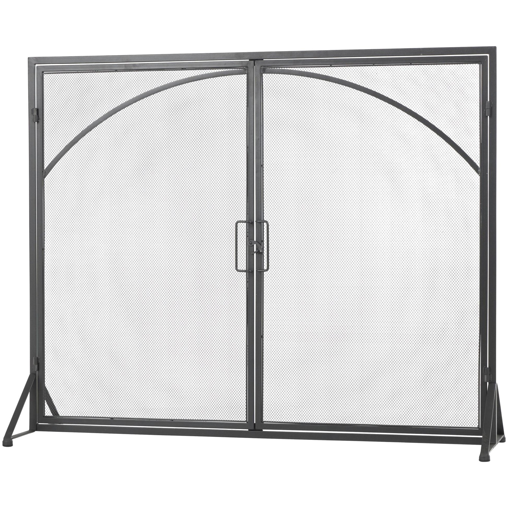 Black Metal Single Panel Living Room Fireplace Screen with Arch Inspired Doors and Handles