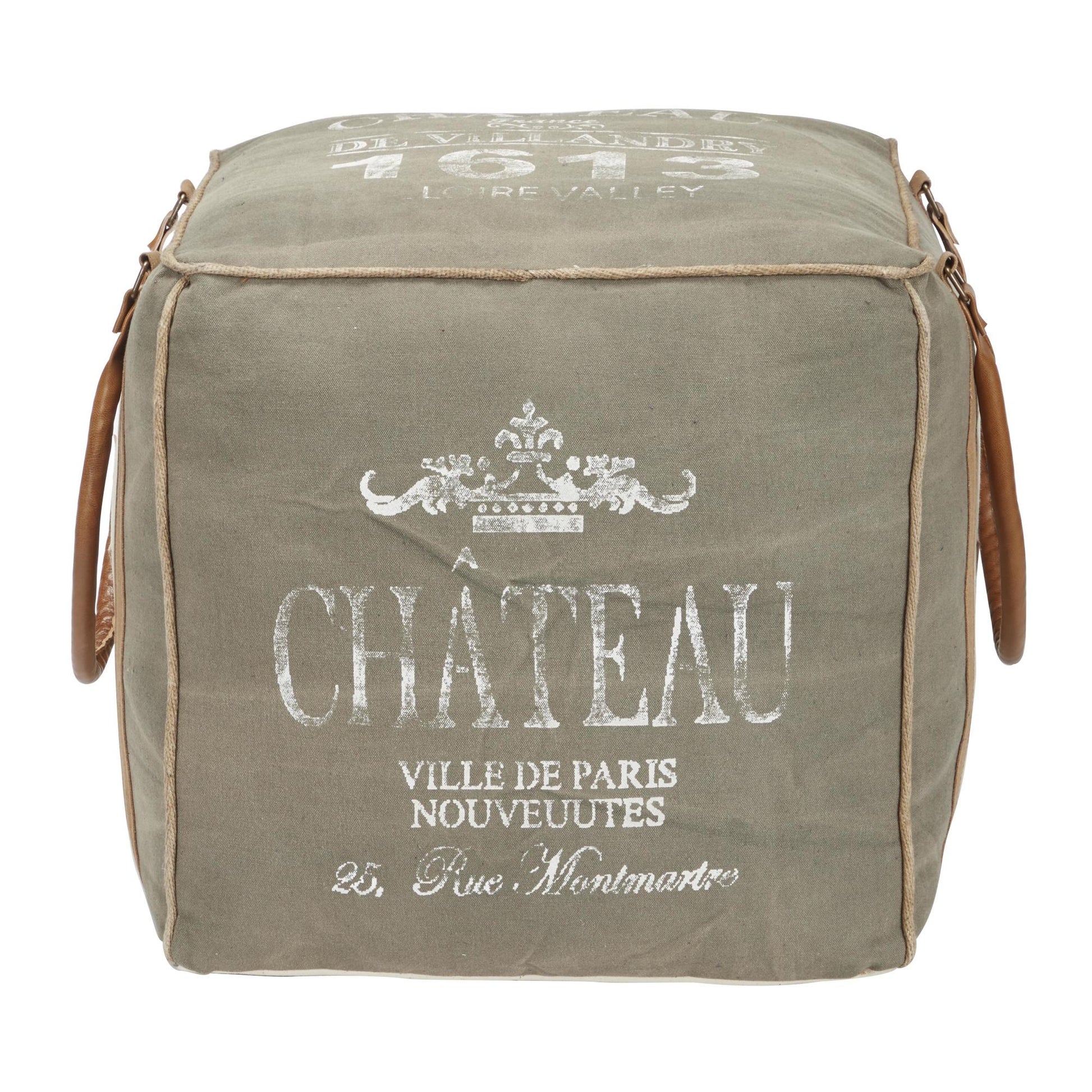 Scroll Canvas France Inspired Stuffed Pouf with Leather Star Pocket and Handles