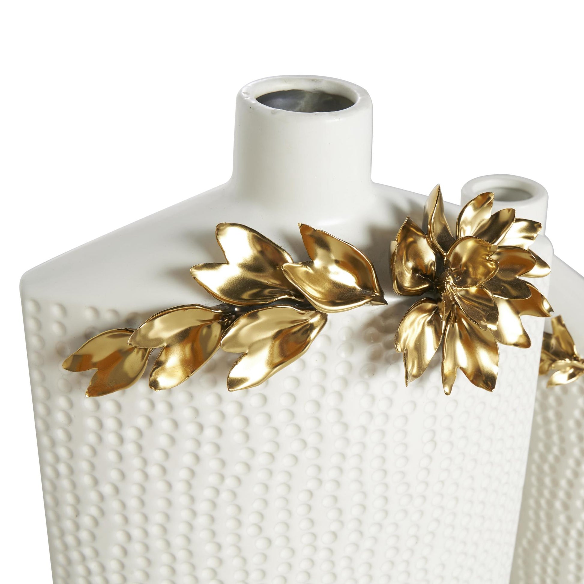Set of 2 Leaf White Ceramic Decorative Vase with Abstract Spotted Pattern and Gold Accents