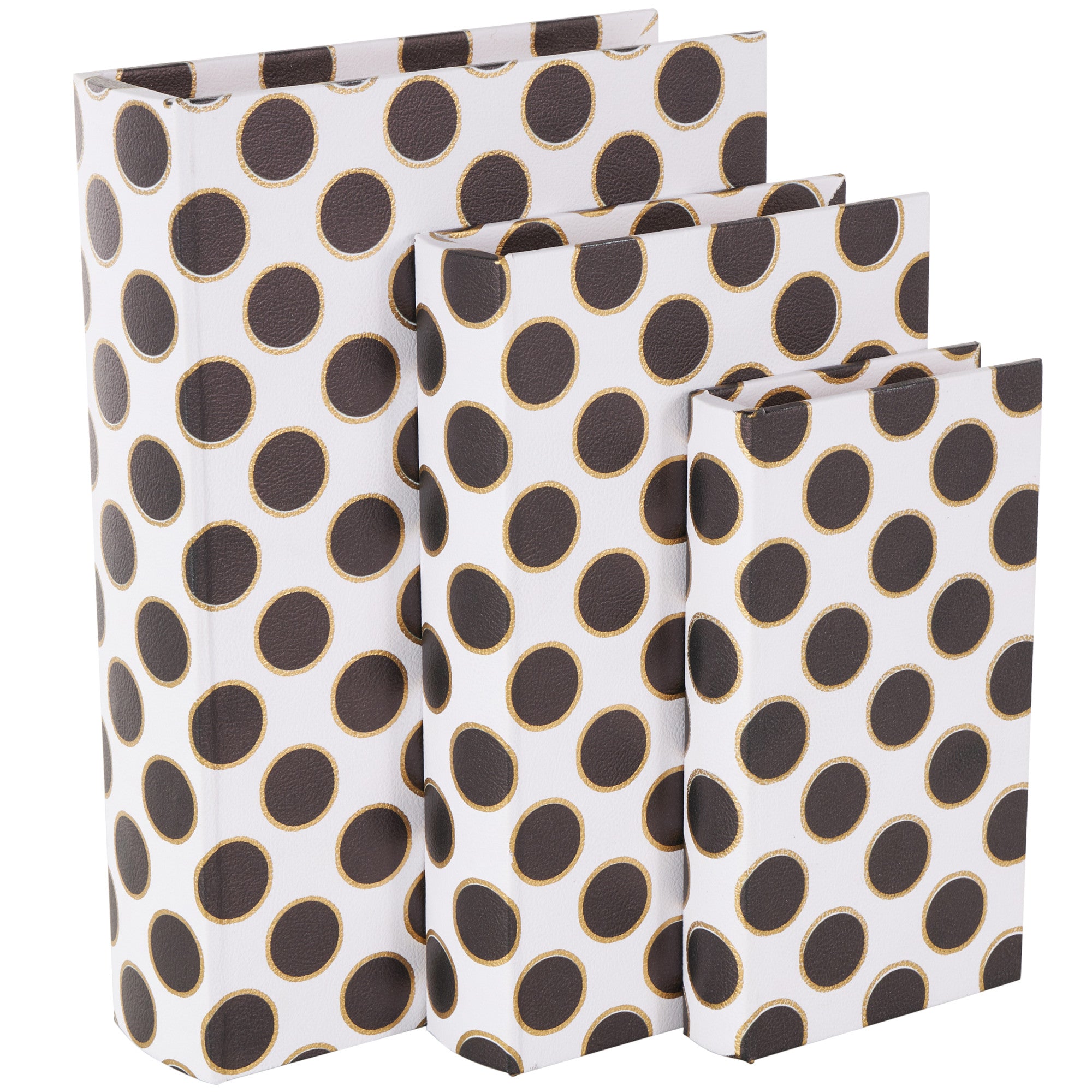 Set of 3 White Faux Leather Polka Dot Faux Book Storage Decorative Box with Black and Metallic Gold Accents