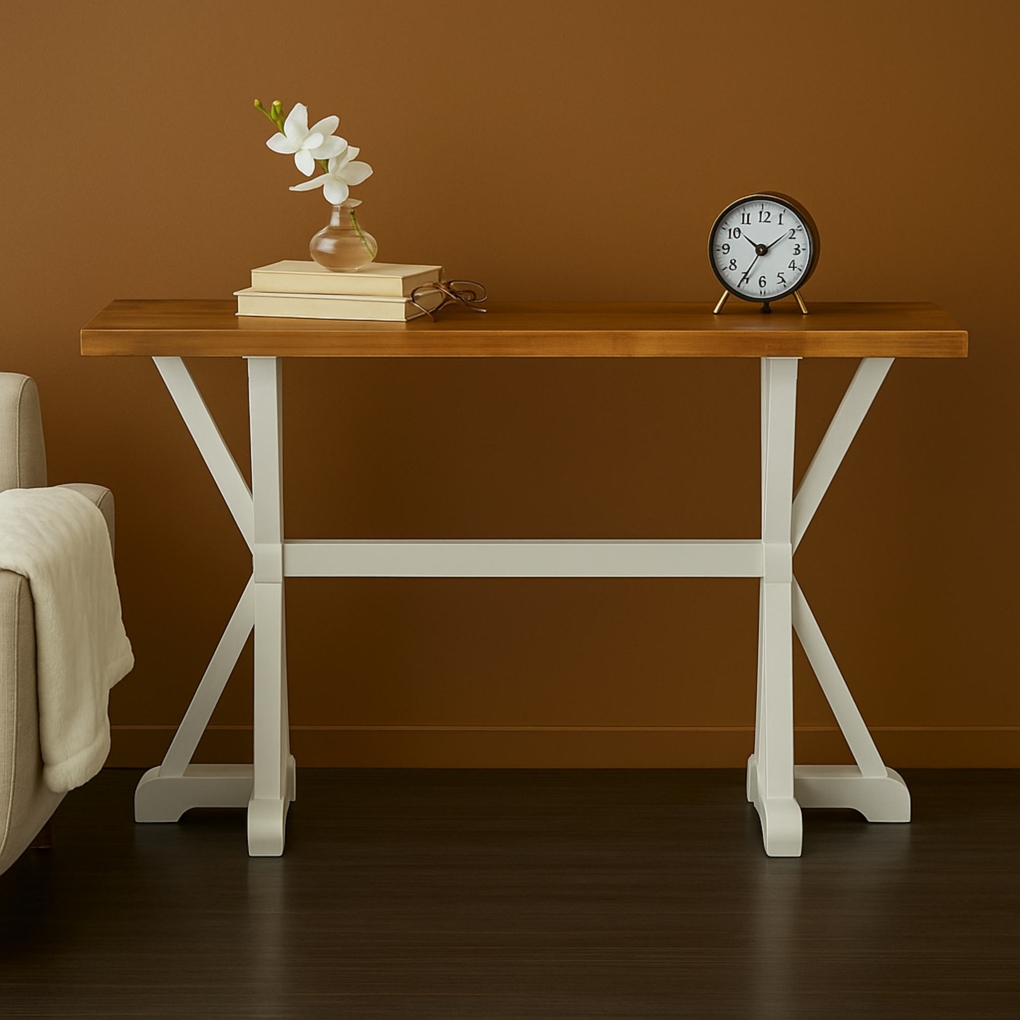 White Wood Rectangular Living Room Console Table with Angled Legs and Brown Tabletop