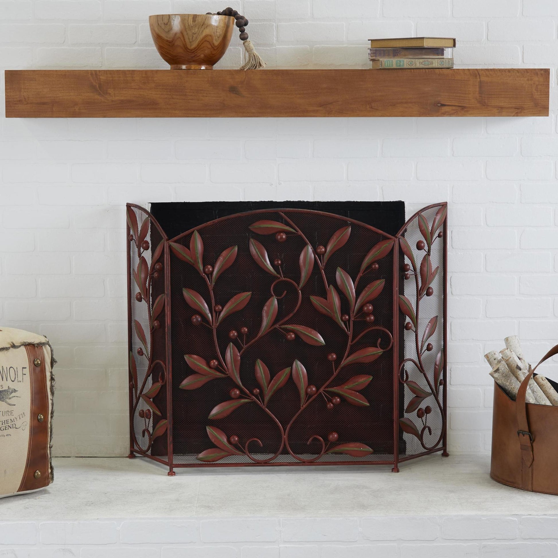 Leaf Metal Foldable Mesh Netting 3 Panel Living Room Fireplace Screen with Leaf and Vine Relief