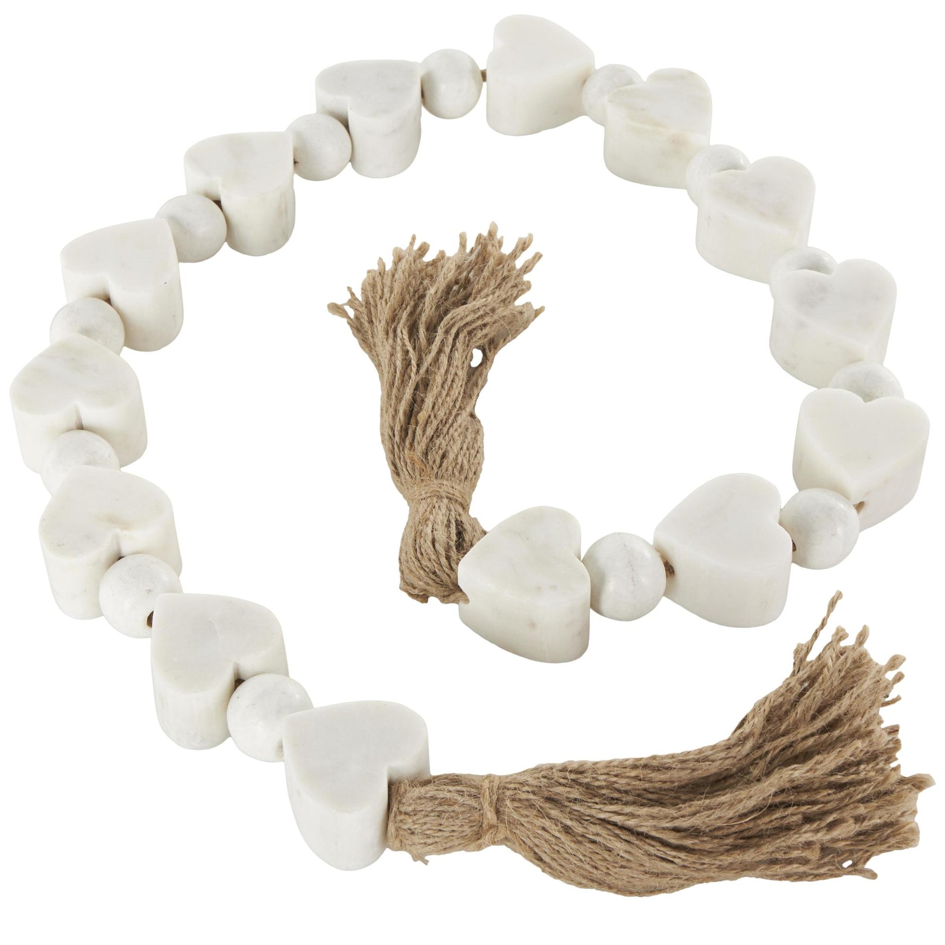 Heart White Marble Handmade Beaded Garland with Tassel with Knotted Brown Jute