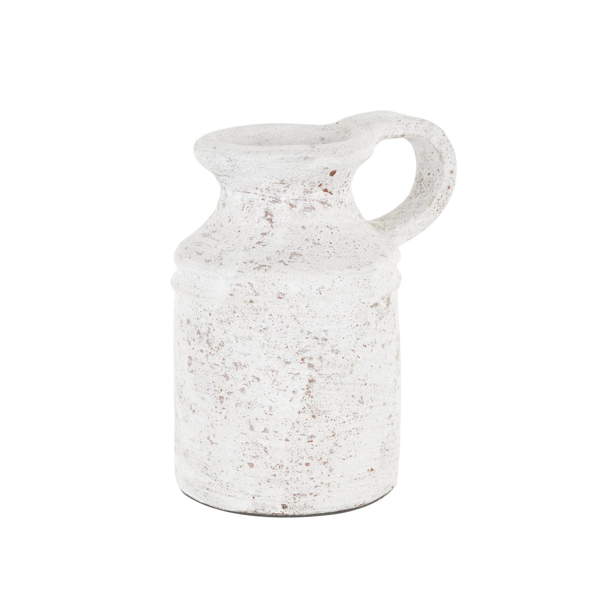 White Ceramic Antique Style Textured Decorative Vase with Terracotta Accents and Ring Handle