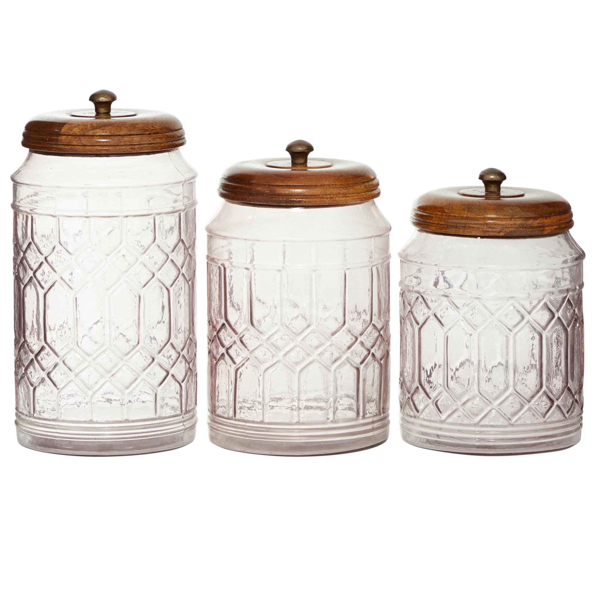 Set of 3 Clear Glass Living Room Decorative Jars with Wood Lids