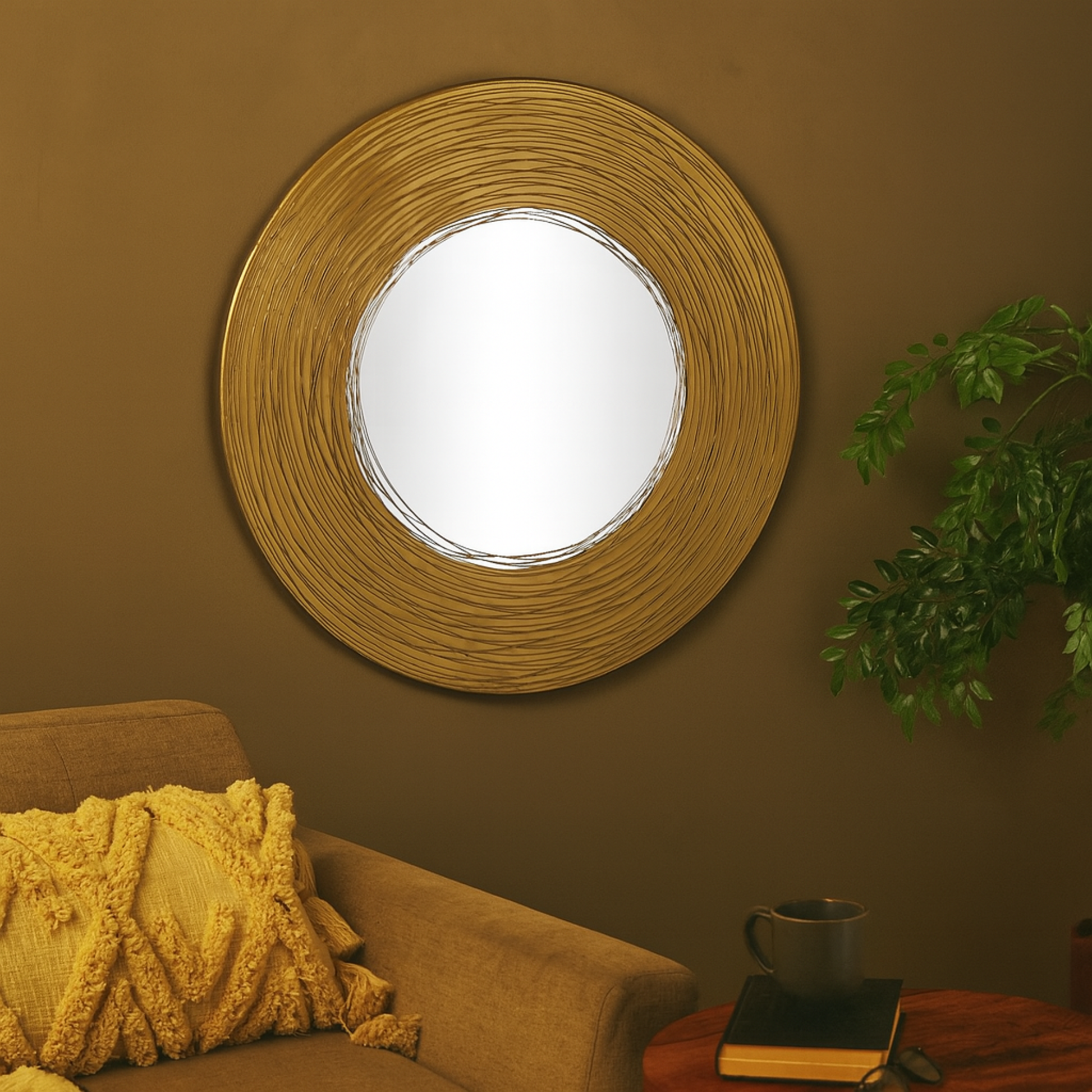 Abstract Gold Metal Room Wall Mirror with Overlapping Wire Rings