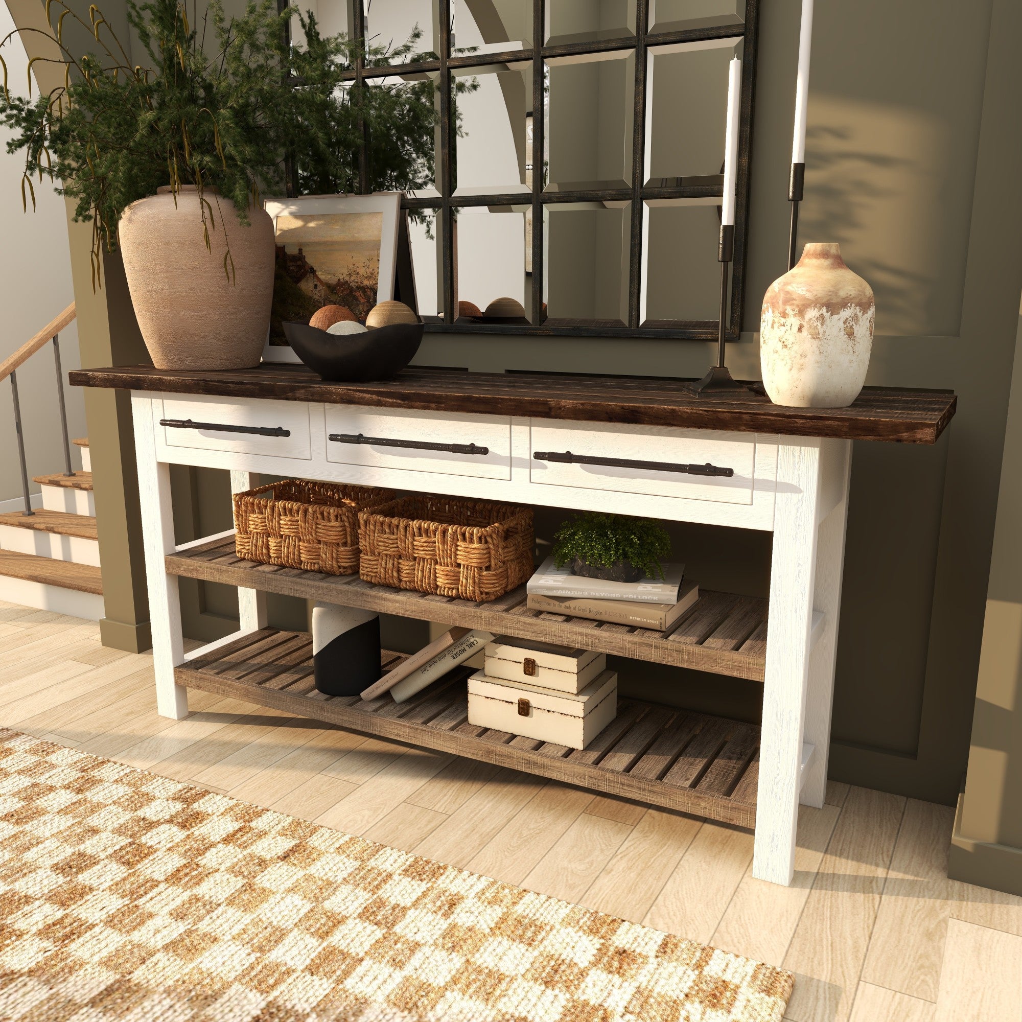 White Wood Kitchen Island Style 3 Drawer 2 Shelf Living Room Console Table with Brown Slatted Storage Shelves