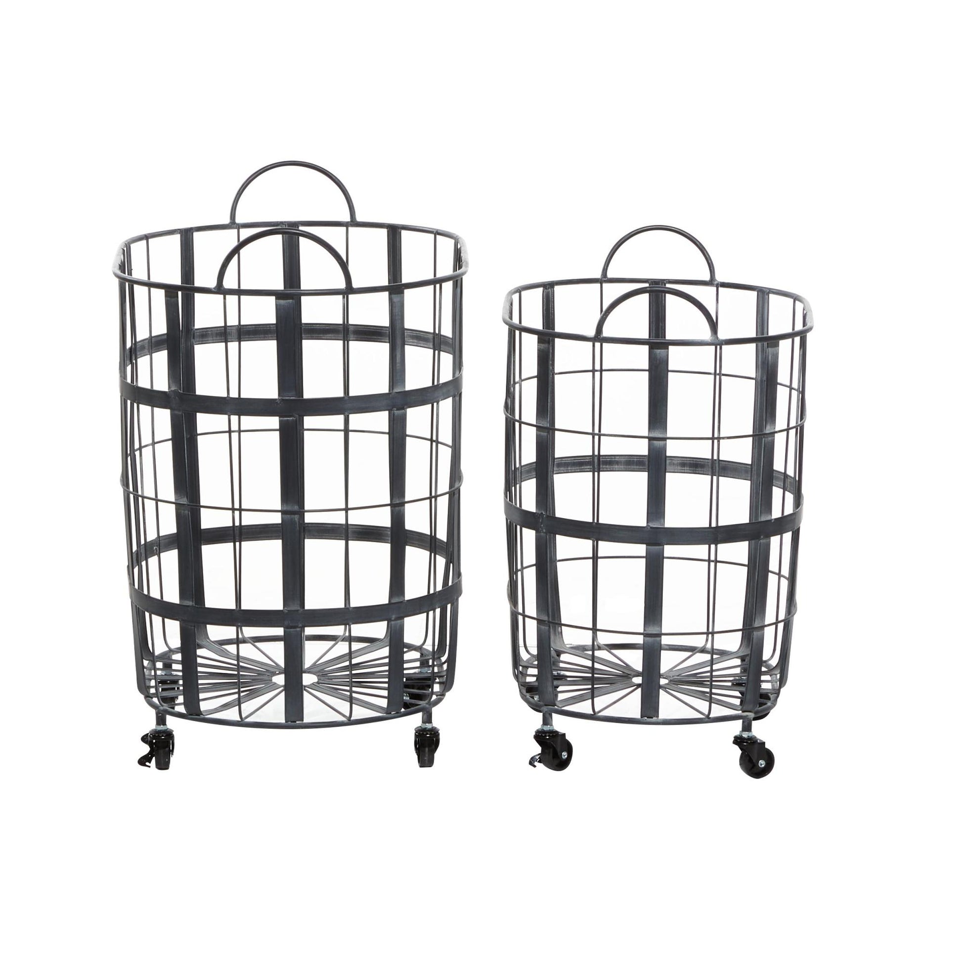 Set of 2 Black Metal Wire Grid Decorative and Functional Storage Basket with Wheels and Handles