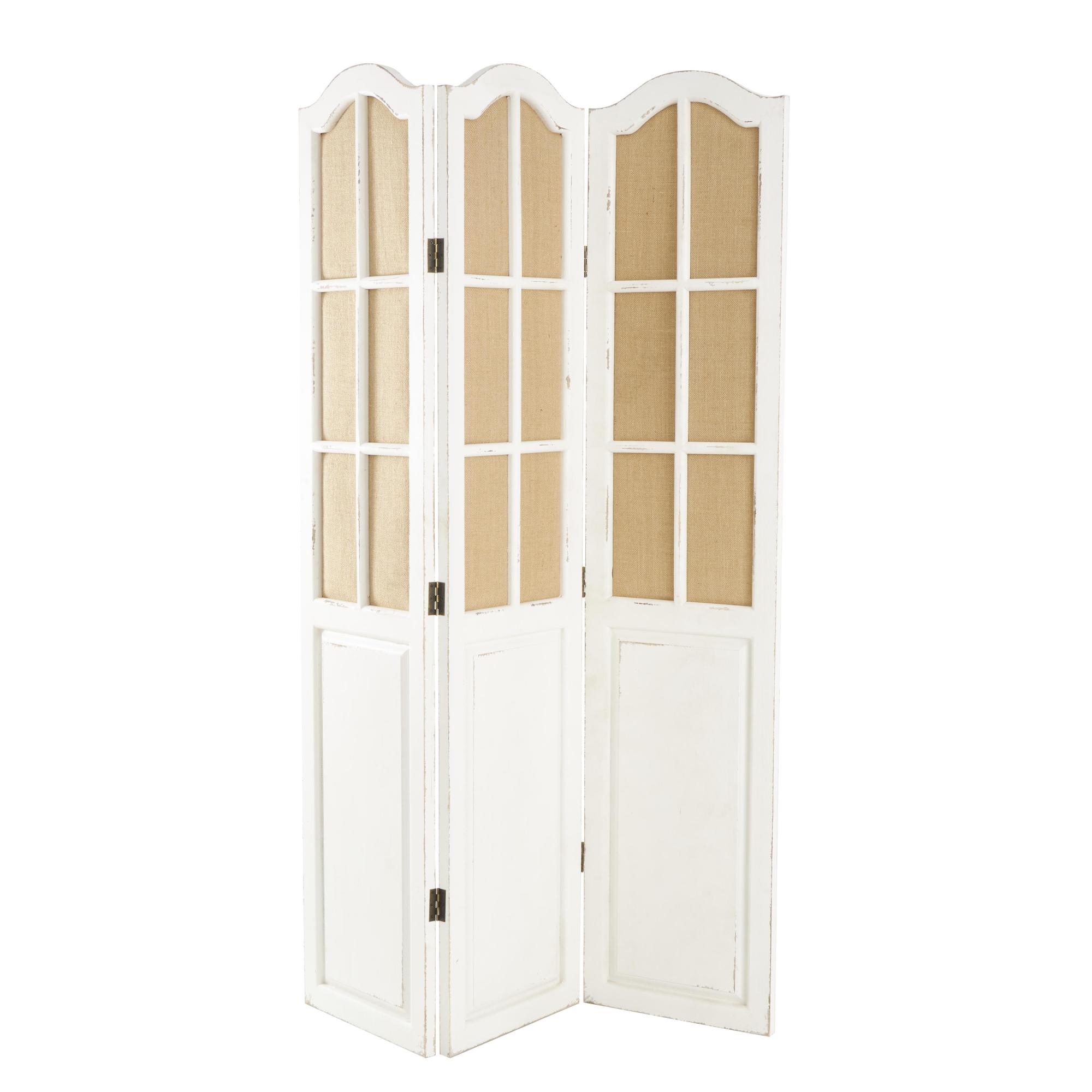 Beige Wood Hinged Foldable Partition 3 Panel Partition Room Divider Screen with Burlap Window Pane Design