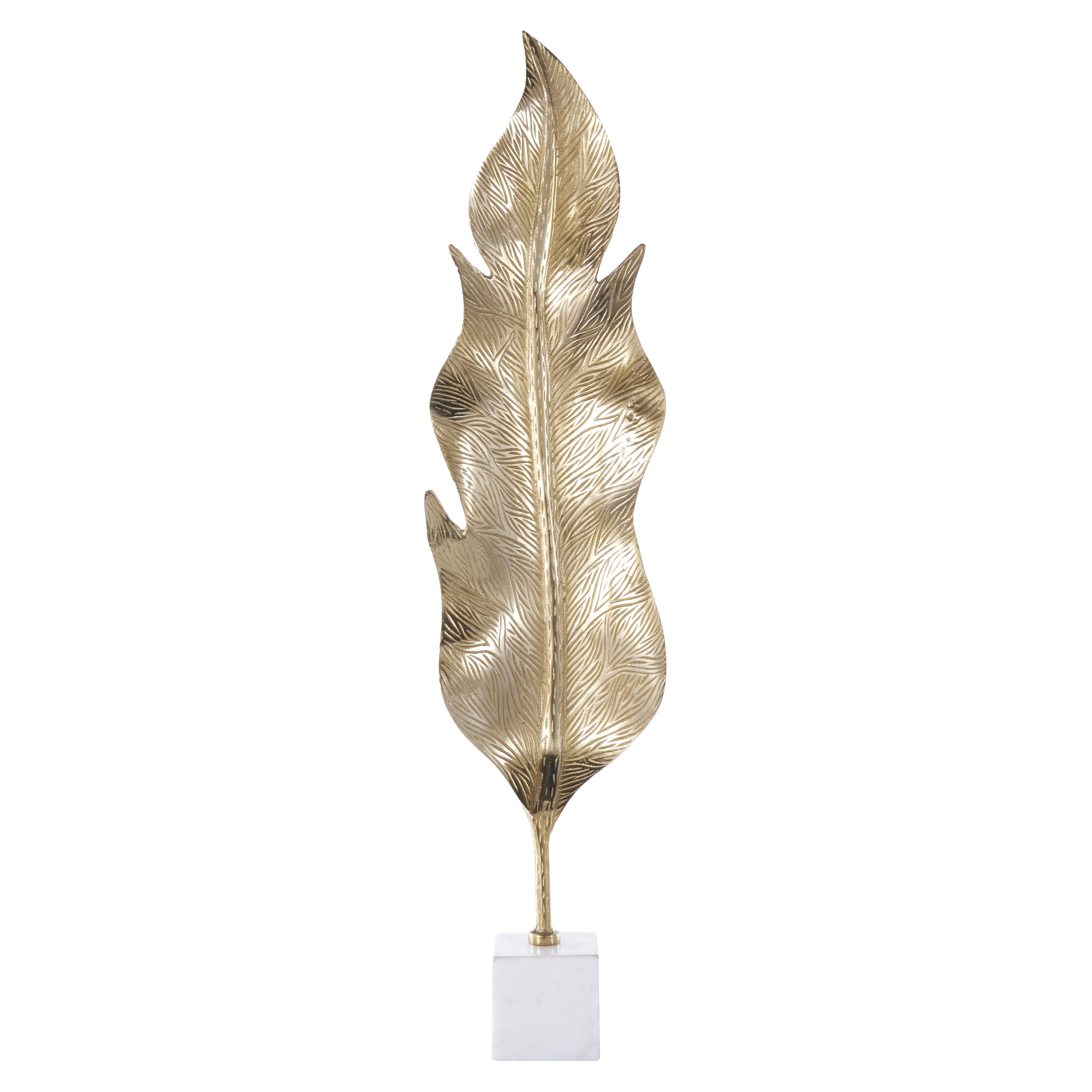 Leaf Gold Aluminum Metal Tall Textured Decorative Sculpture with White Marble Base