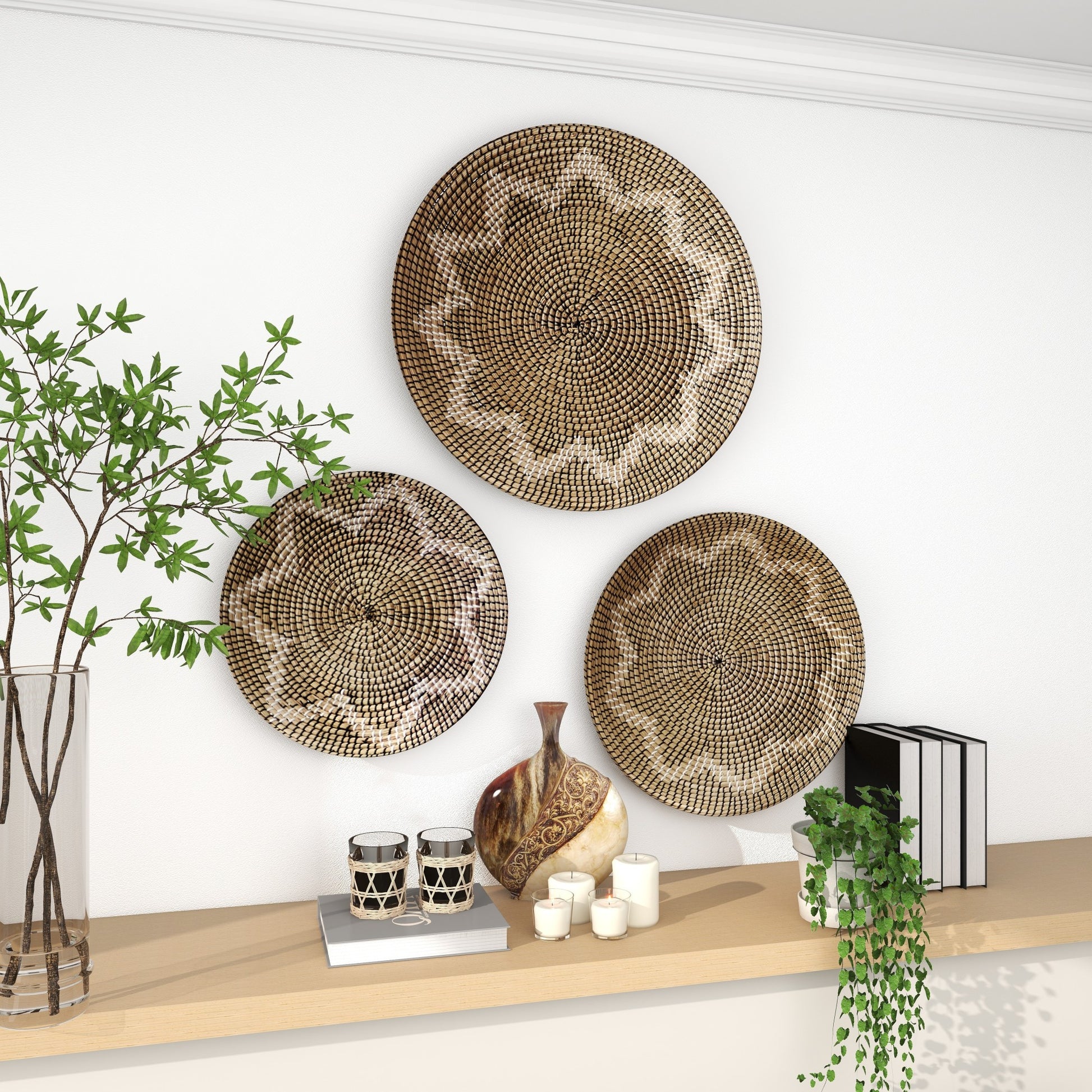Set of 3 Plate Seagrass Handmade Spiral Basket Home Wall Decor with Black and White Accents Set of 3 29", 24", 20"D