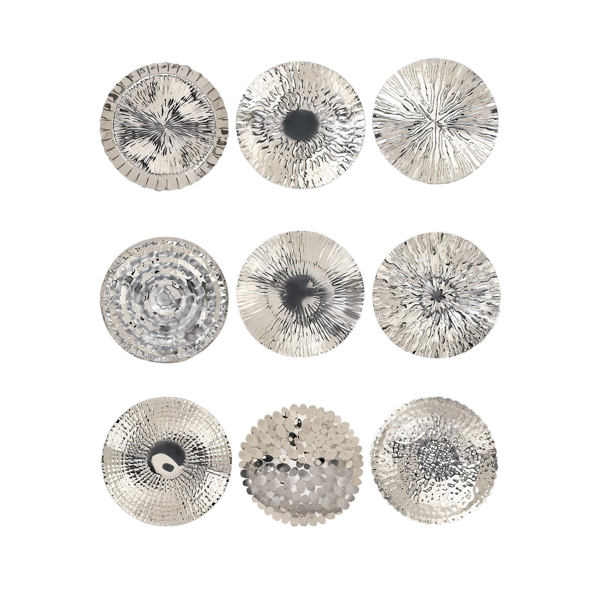 Set of 9 Plate Silver Stainless Steel Metal Home Wall Decor with Hammered Design