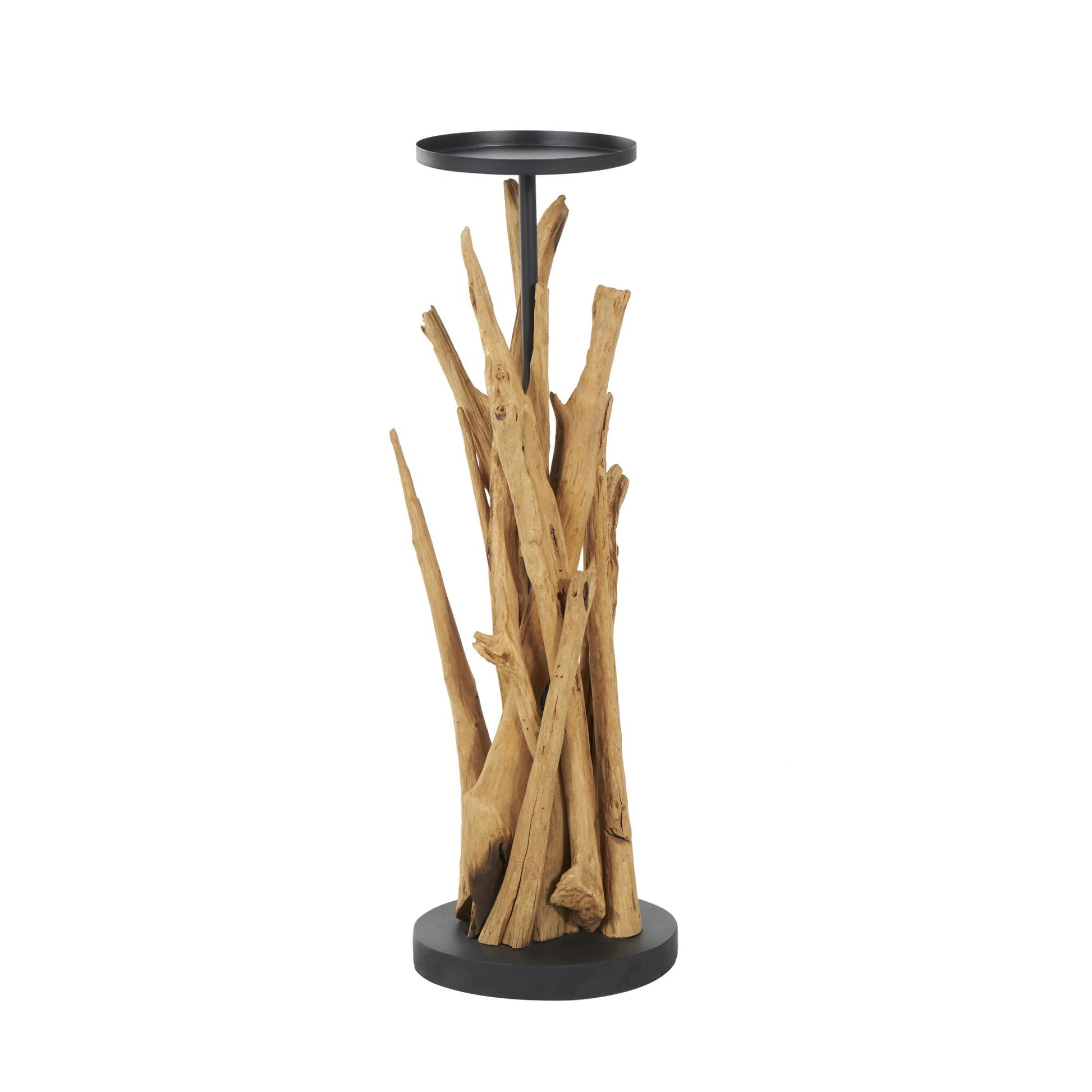 Brown Teak Wood Handmade Tall Tree Branch Floor Decorative Candle Holder with Black Metal Accents