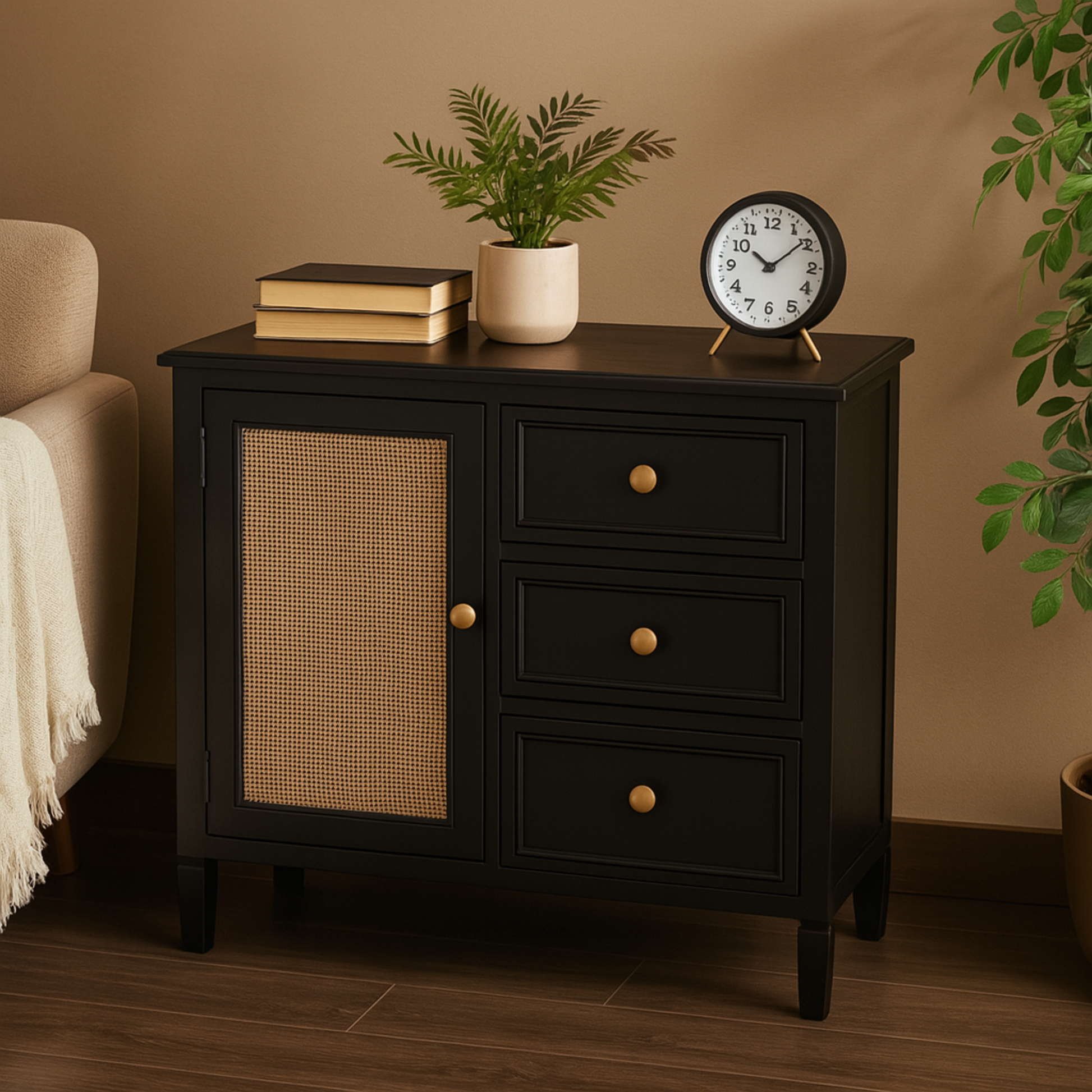 Black Wood Handmade 1 Door and 3 Drawers Room Cabinet with Rattan Front