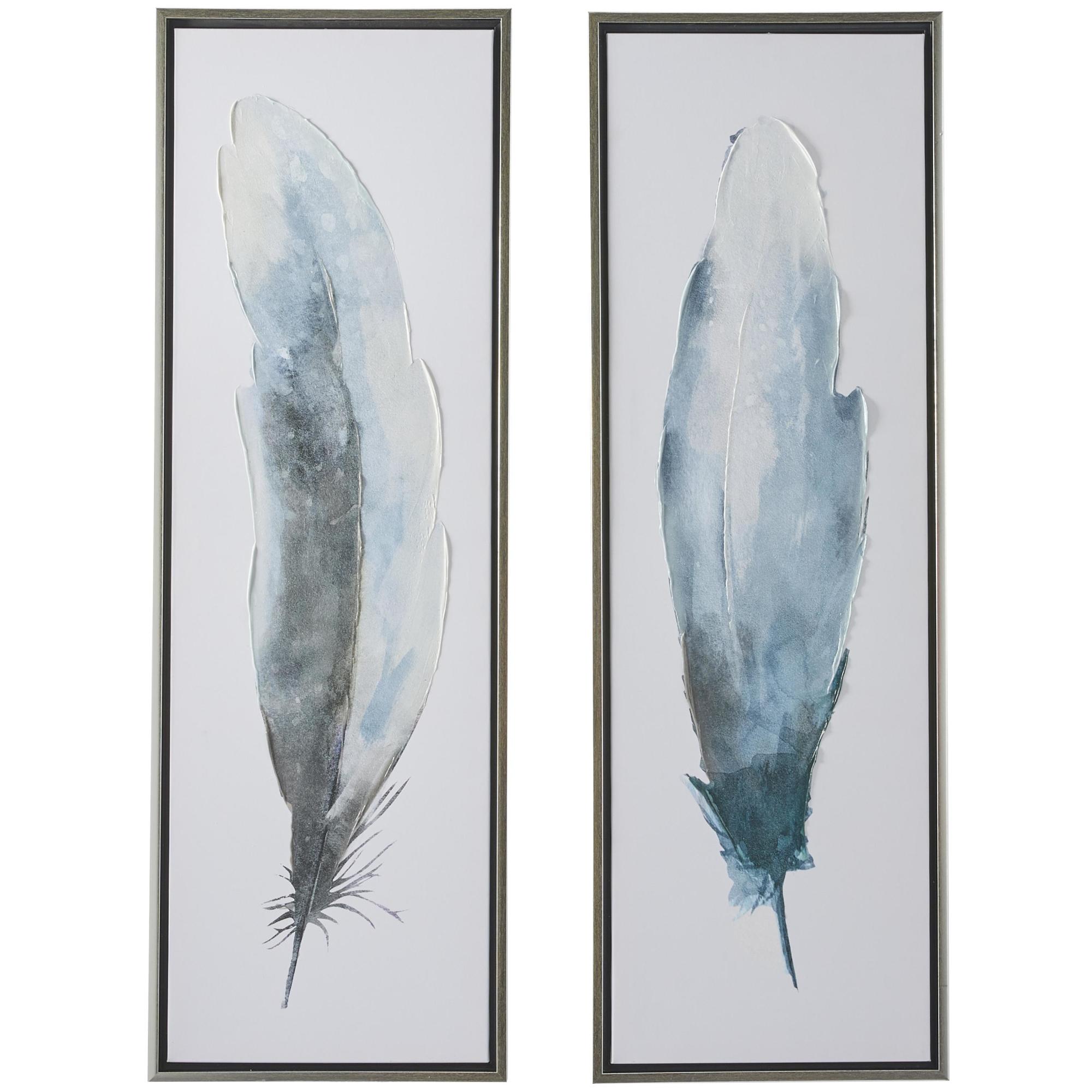 Set of 2 Bird Blue Canvas Feathers Living Room Framed Wall Art with Silver Frame