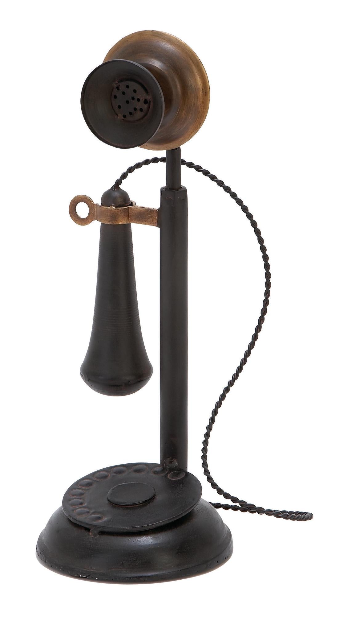 Telephone Black Metal Vintage Style Faux Phone Decorative Sculpture with Tiered Base and Fake Coil Wire