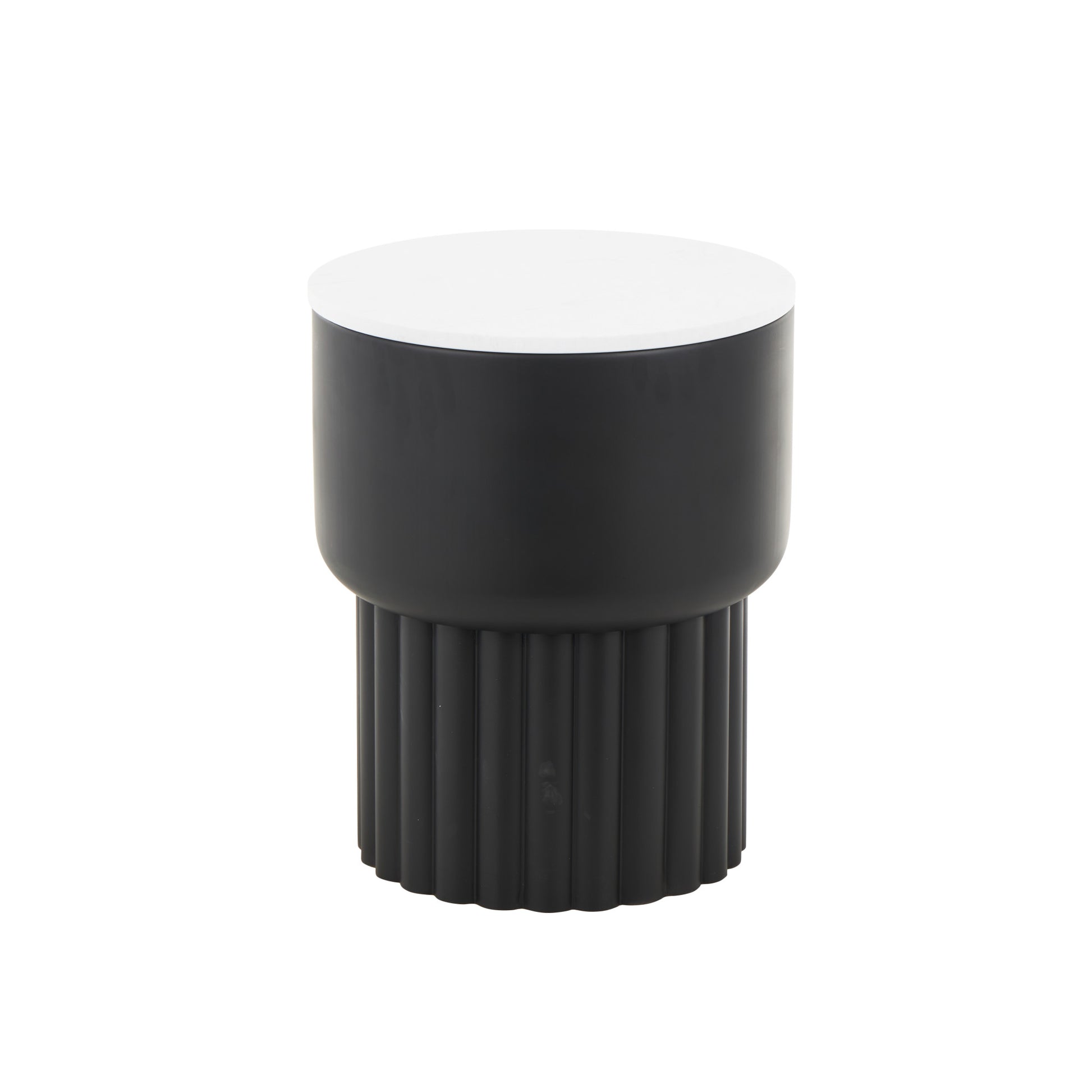 Black Metal Ribbed Side End Accent Table with White Marble Tabletop