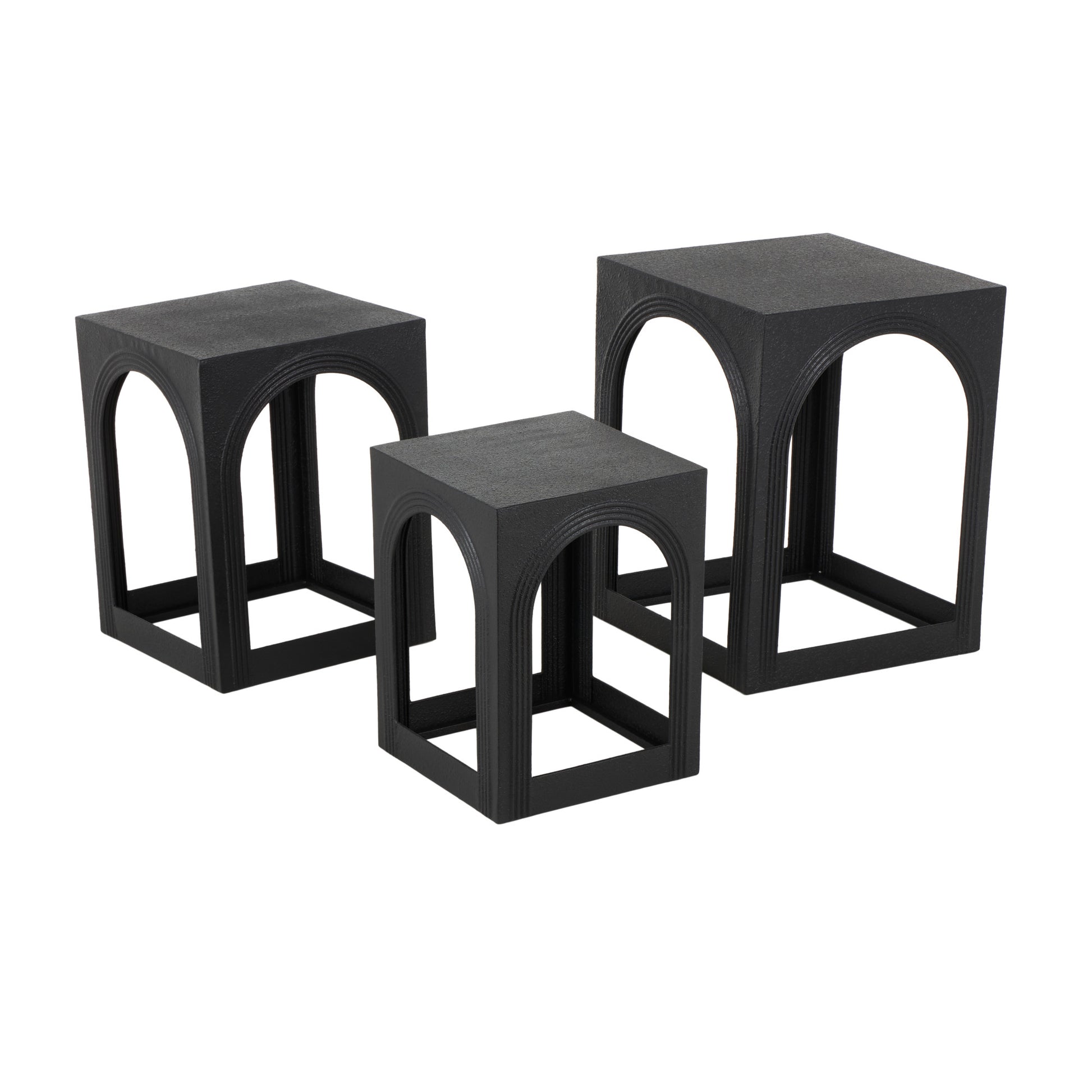Set of 3 Black Metal Nested Side End Accent Table with Arched Cutouts