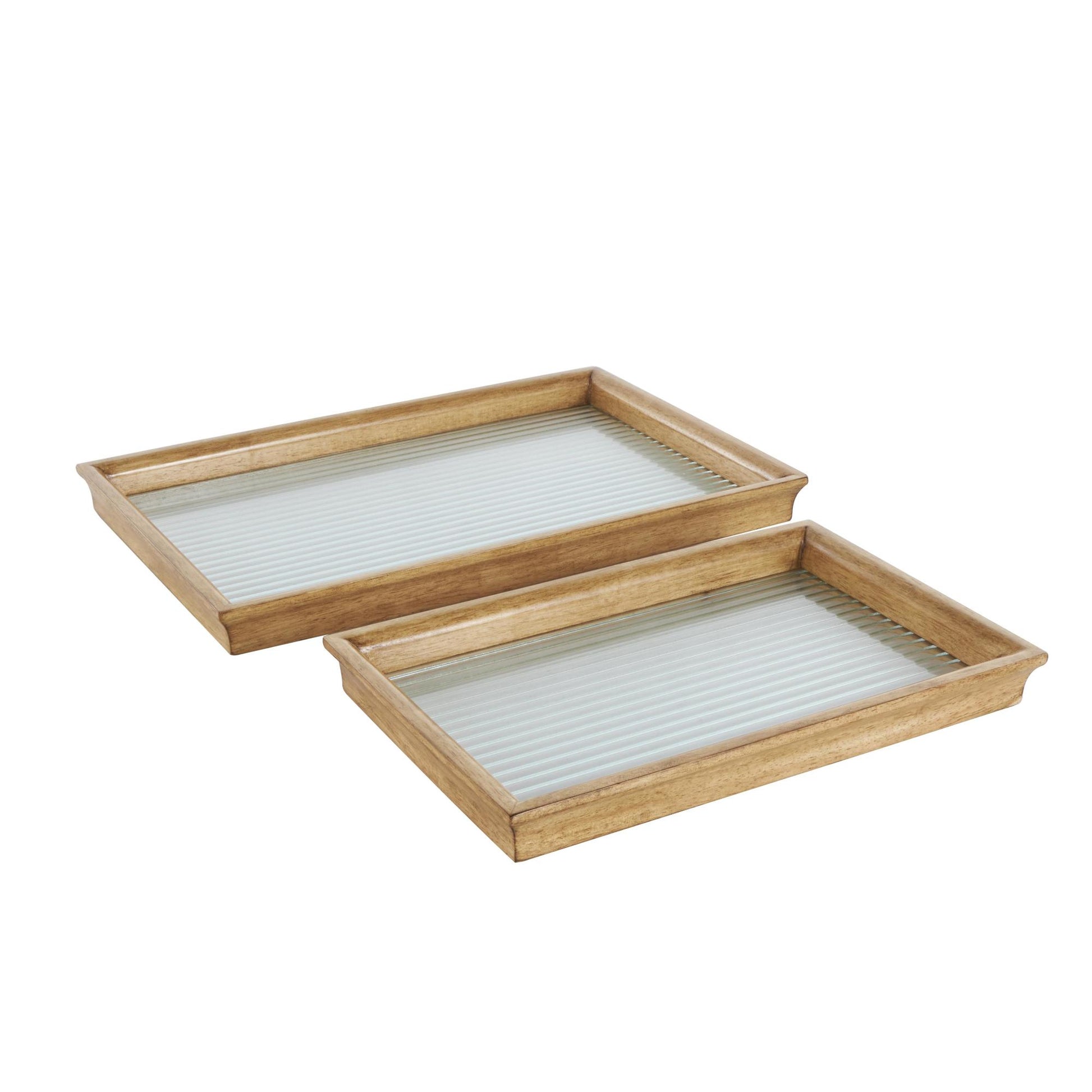 Set of 2 Brown Wood Nesting Living Room Decor Tray with Fluted Glass Bases