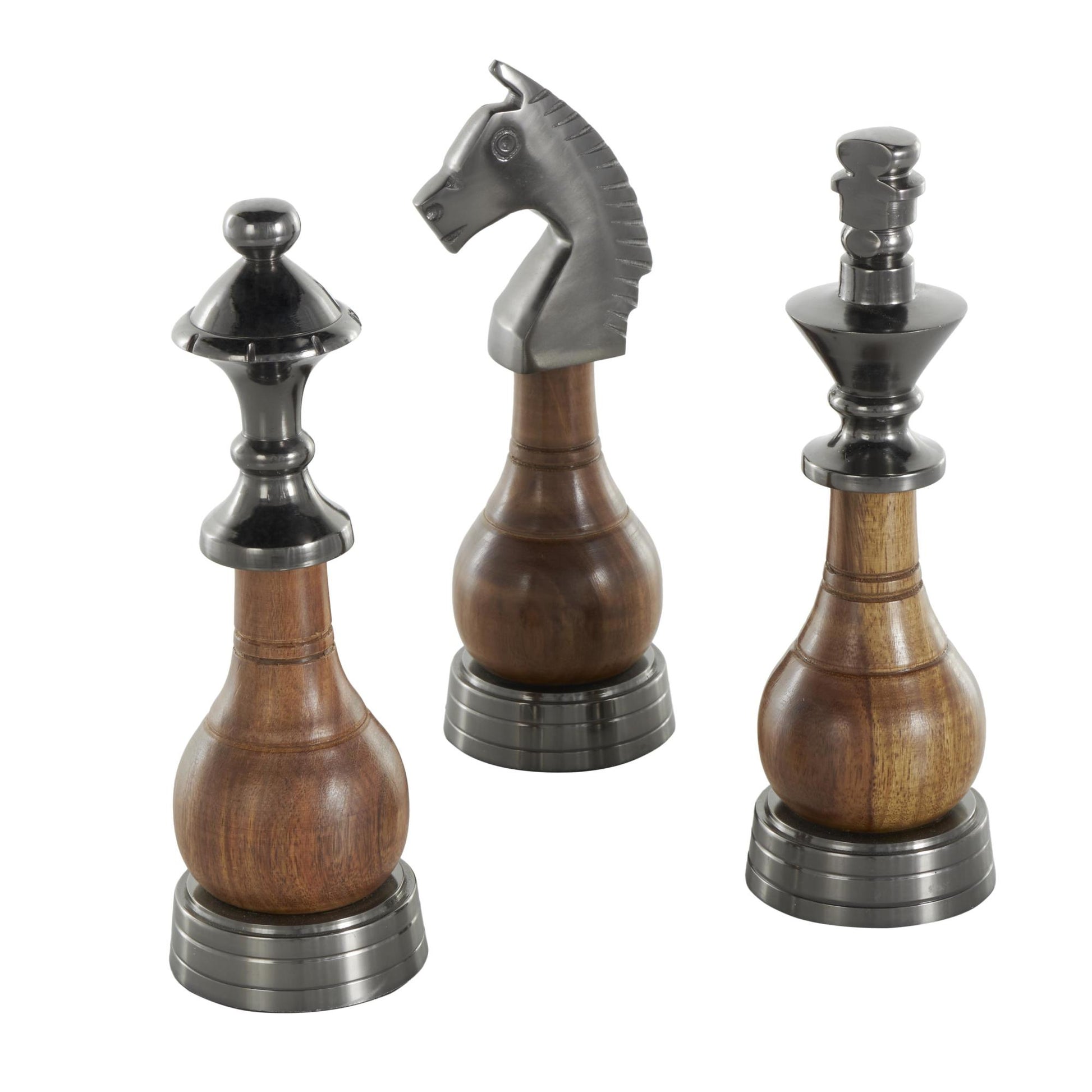 Set of 3 Chess Aluminum Metal Decorative Sculpture with Mango Wood Center Set of 3 2"W, 6"H