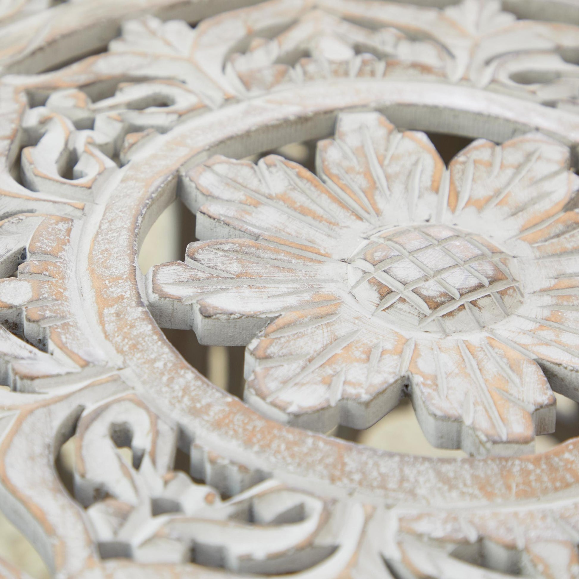 Floral Light Gray Wooden Handmade Intricately Carved Living Room Coffee Table with Hollow Interior