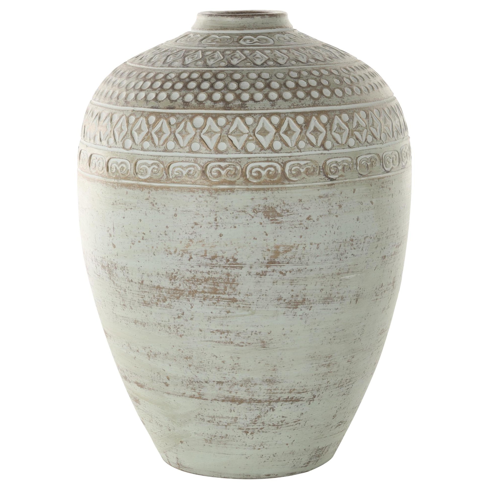 Green Ceramic Handmade Antique Style Decorative Vase with Geometric Tribal Carvings