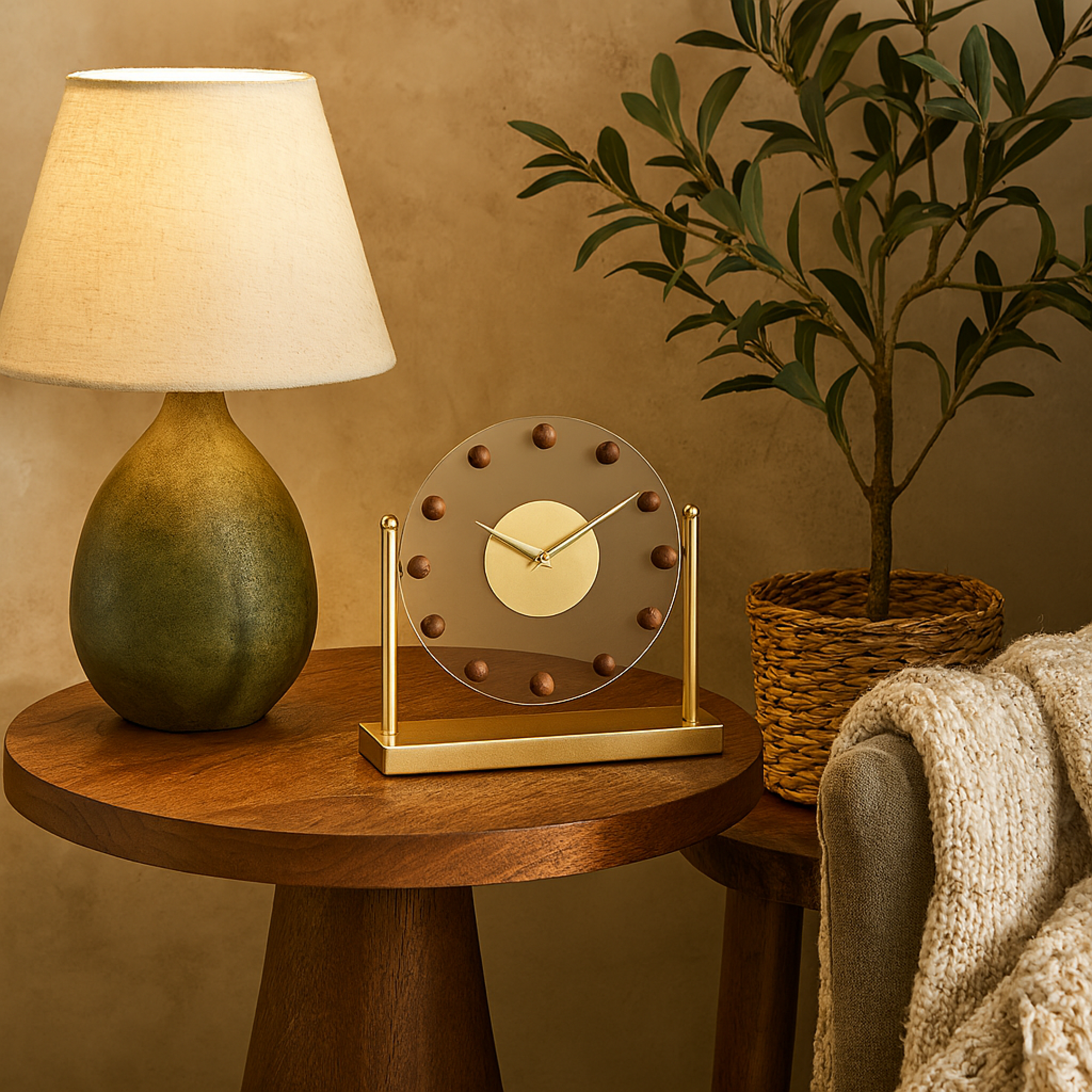 Metal Acrylic Face Decorative Clock with Wood Ball Accents 11" x 3" x 11"