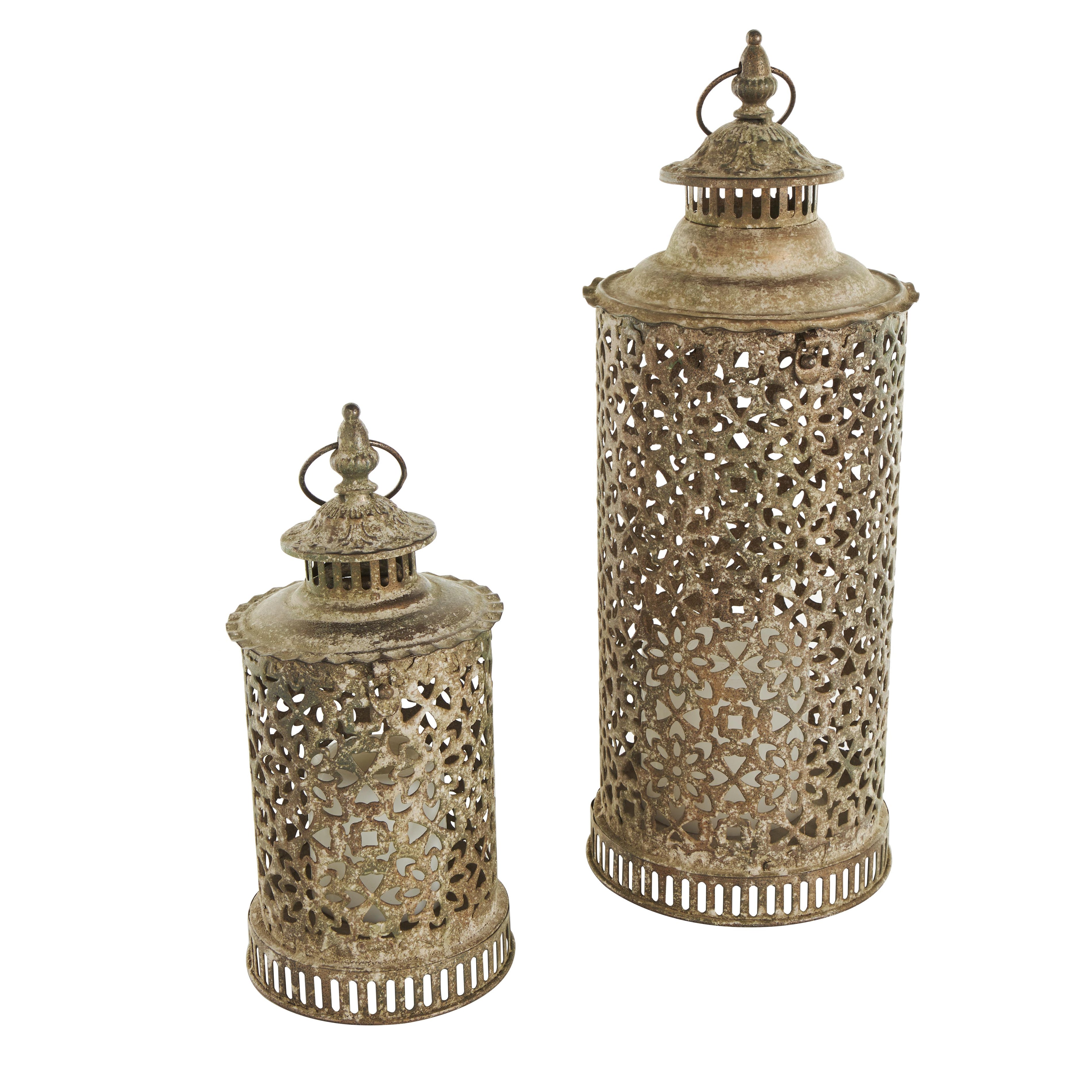 Set of 2 Scroll Brown Metal Distressed Vintage Inspired Ornate Indoor Outdoor Candle Lantern