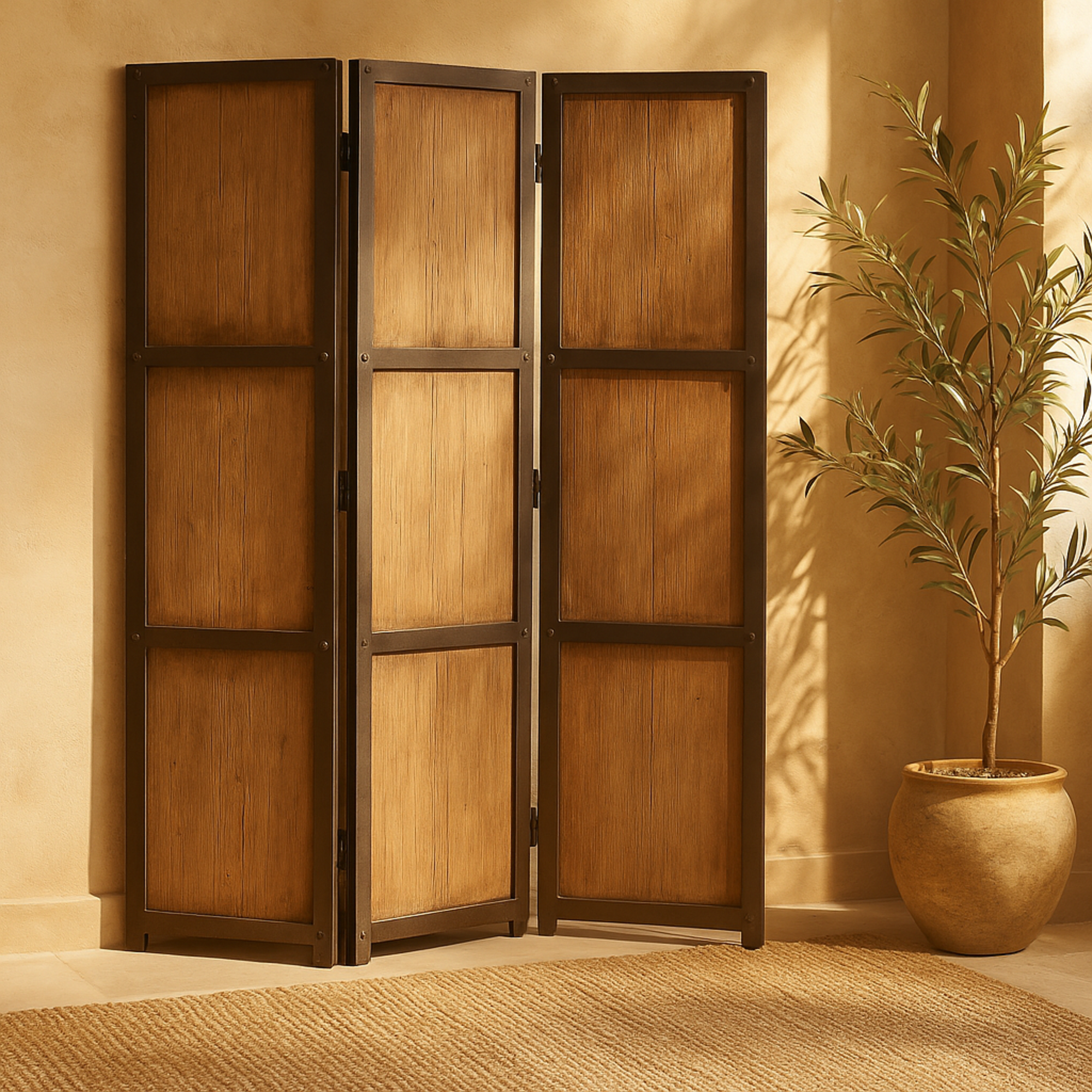 Brown Wood Hinged Foldable Partition 3 Panel Partition Room Divider Screen with Solid Wood Panels