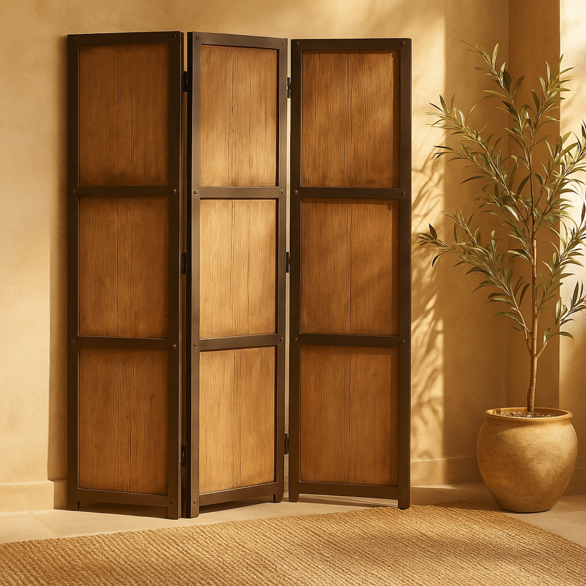 Brown Wood Hinged Foldable Partition 3 Panel Partition Room Divider Screen with Solid Wood Panels