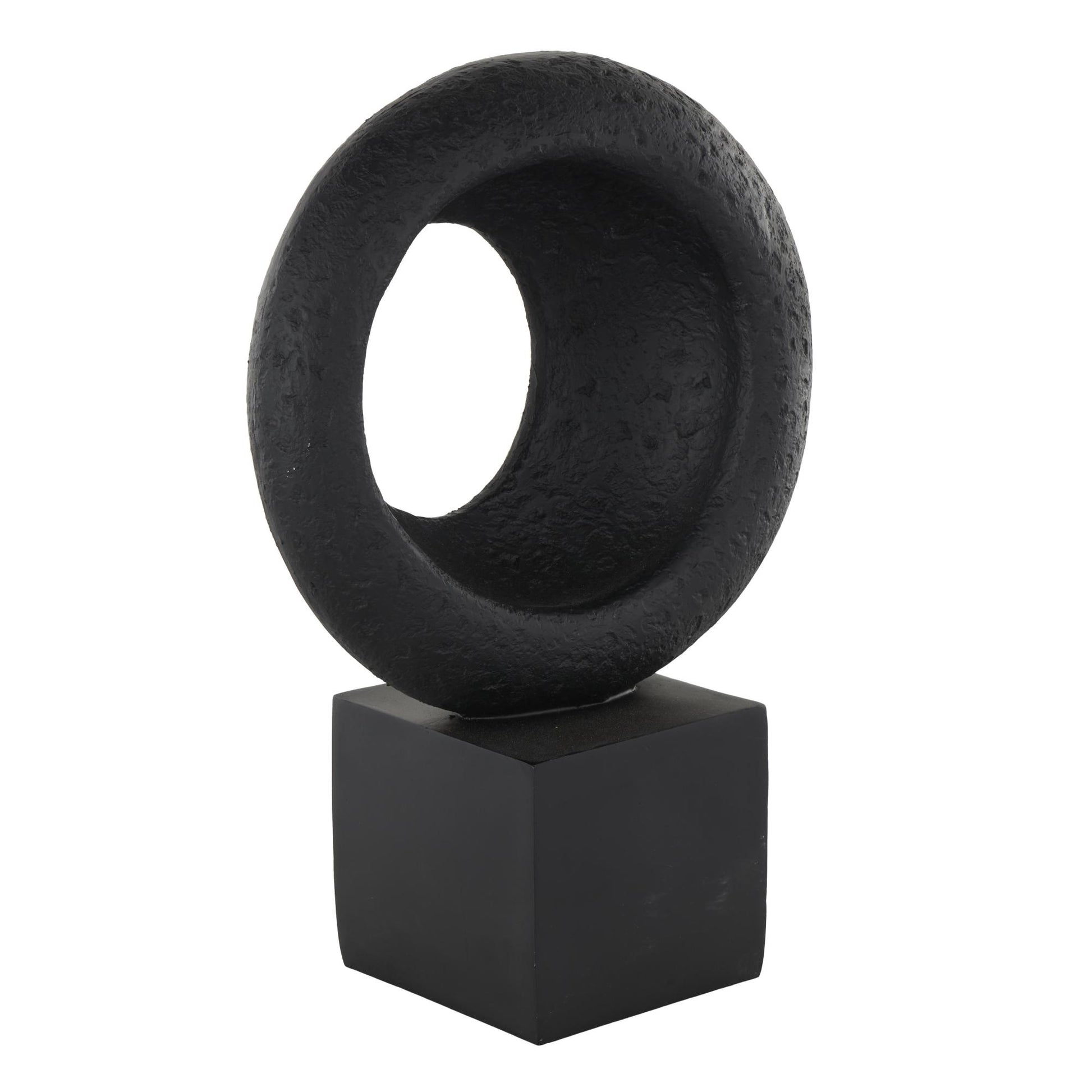 Geometric Black Polystone Textured Cutout Ring Decorative Sculpture with Block Base