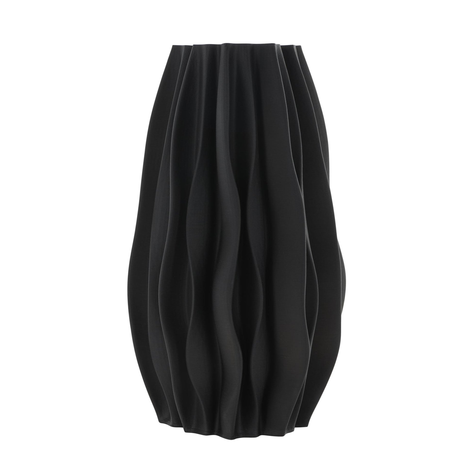 Abstract Black Ceramic Dimensional Wavy Ribbed Decorative Vase with Floral Shaped Rim