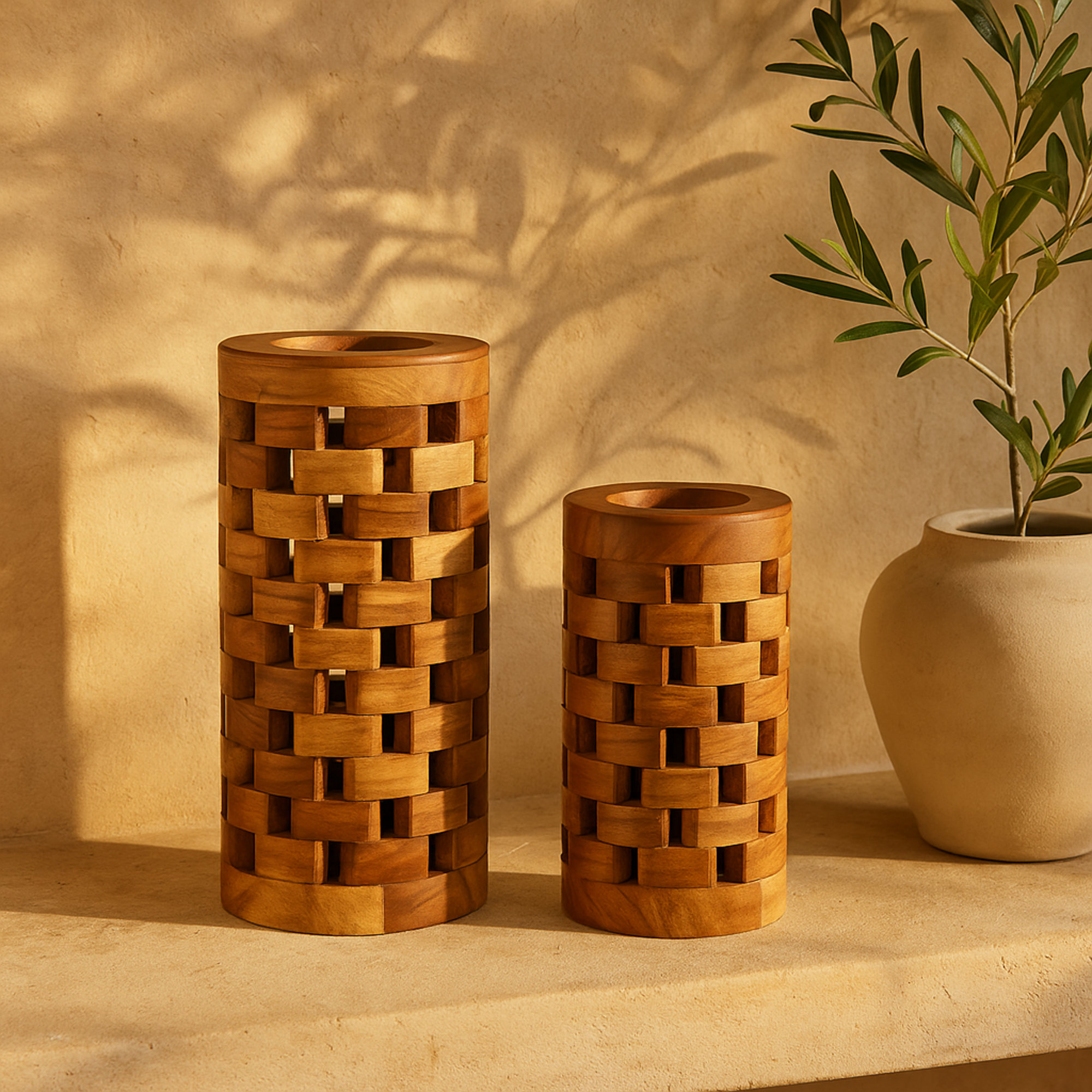 Set of 2 Brown Teak Wood Handmade Decorative Vase with Cut Out Patterns