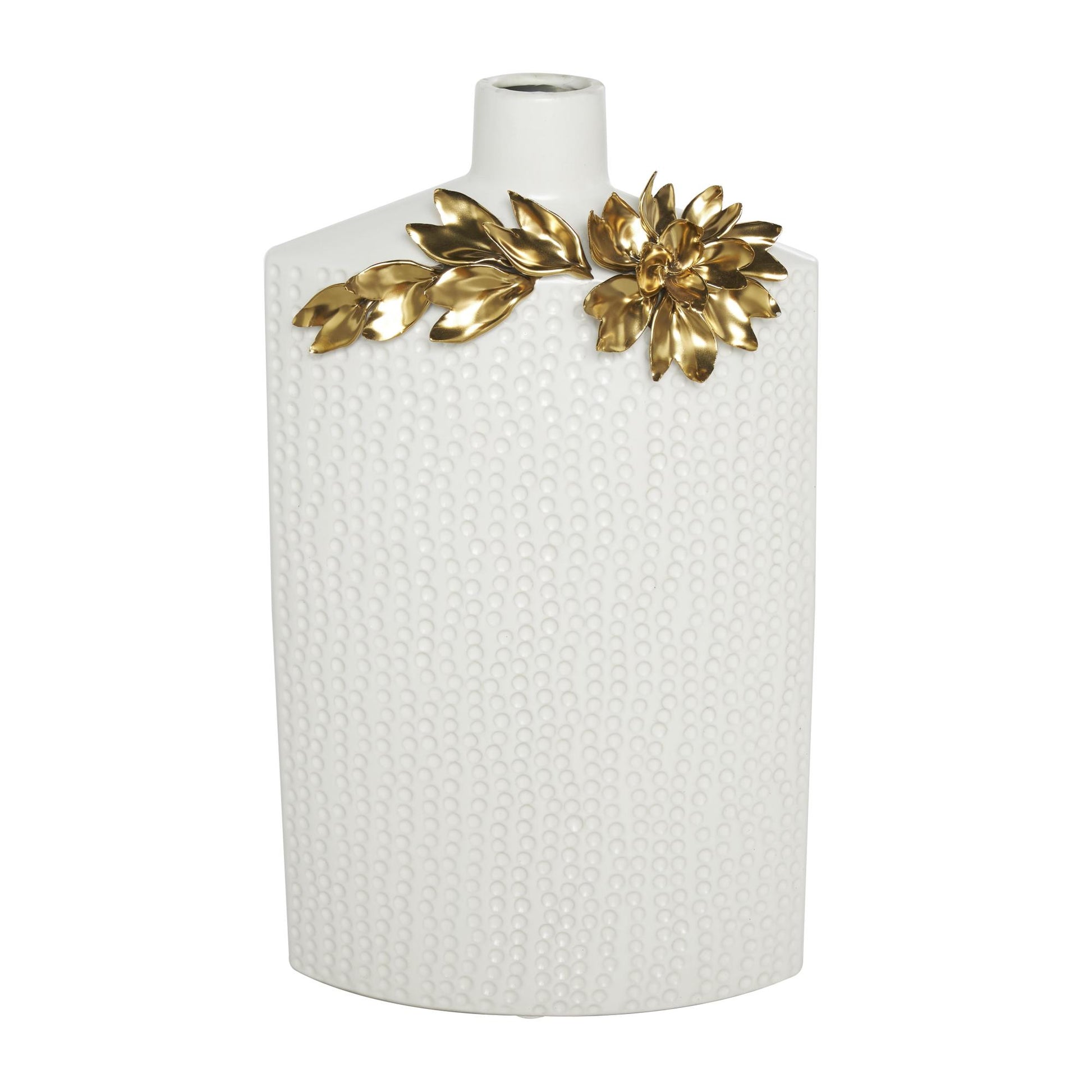 Set of 2 Leaf White Ceramic Decorative Vase with Abstract Spotted Pattern and Gold Accents