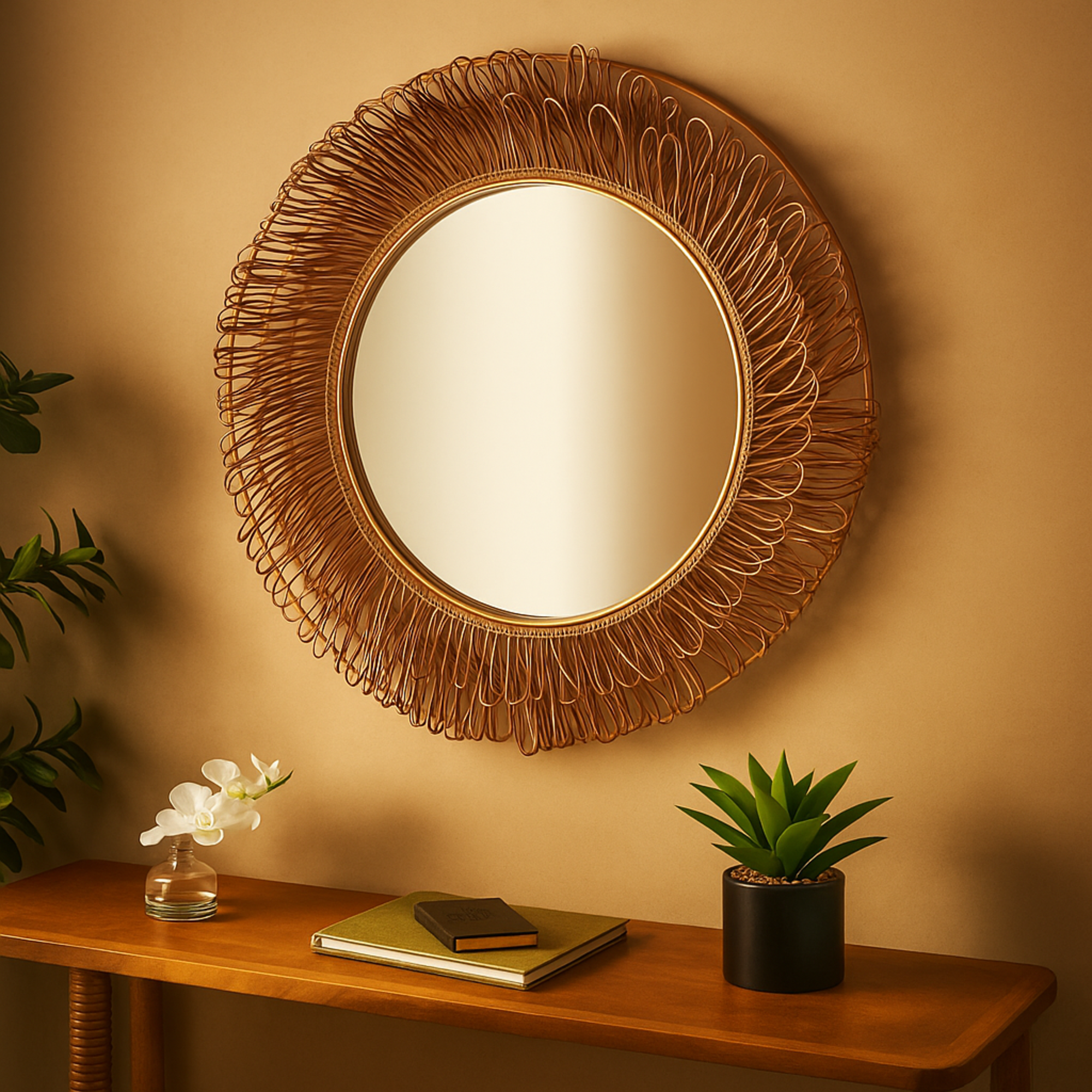 Tribal Brown Rattan Handmade Woven Looped Room Wall Mirror
