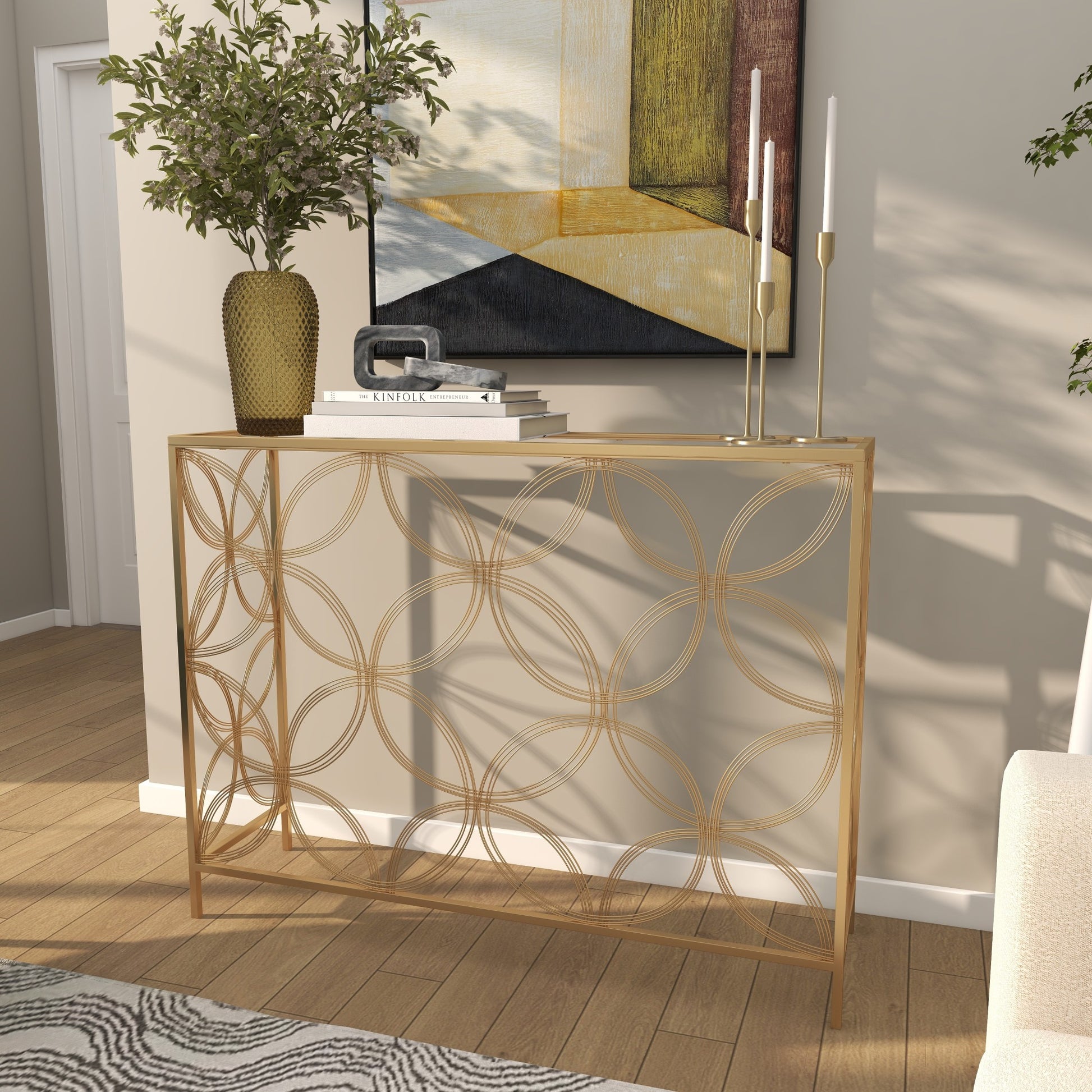 Geometric Gold Metal Open Style Quatrefoil Frame Living Room Console Table with Glass Top