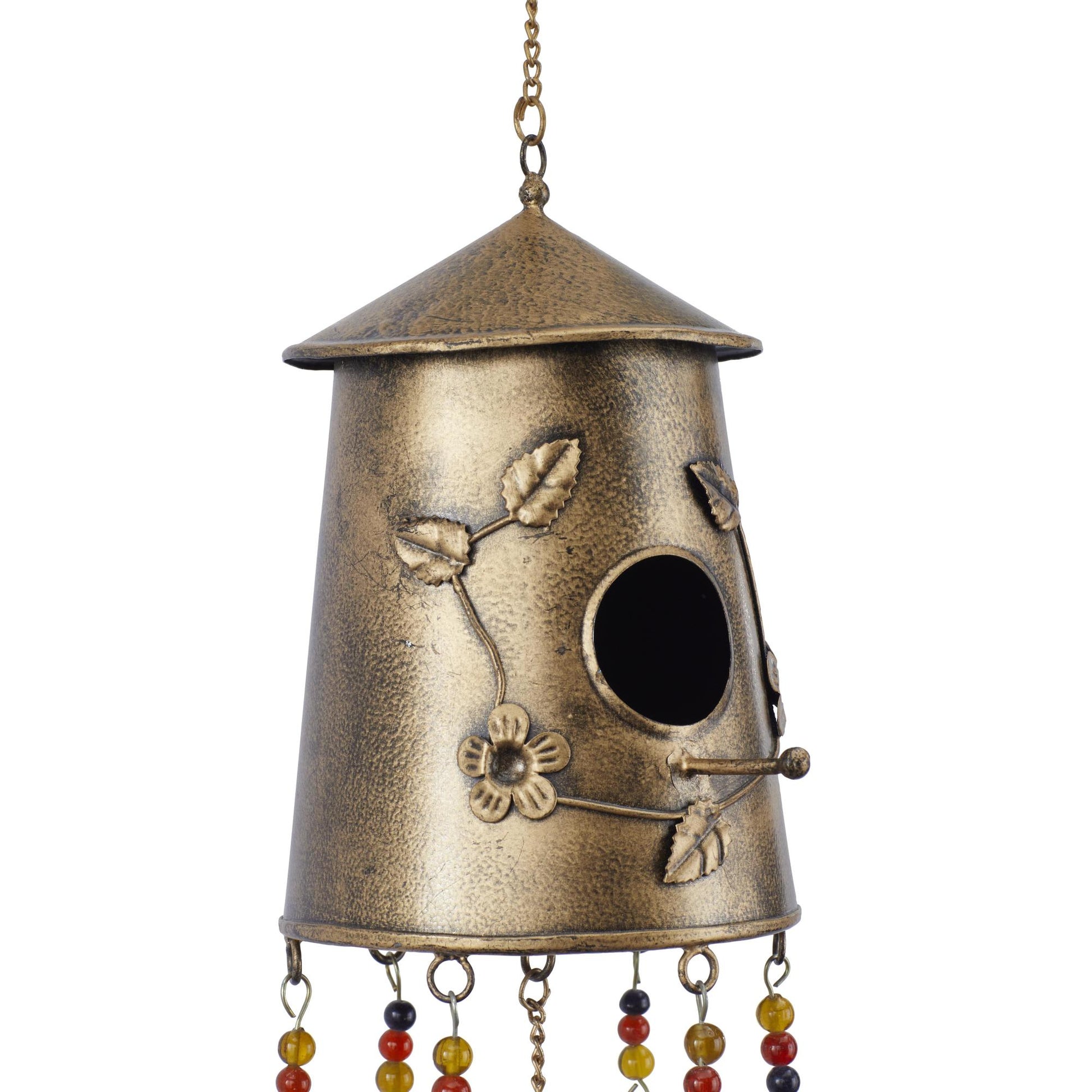 Bronze Metal Handmade Birdhouse Indoor Outdoor Windchime with Glass Beads and Bells