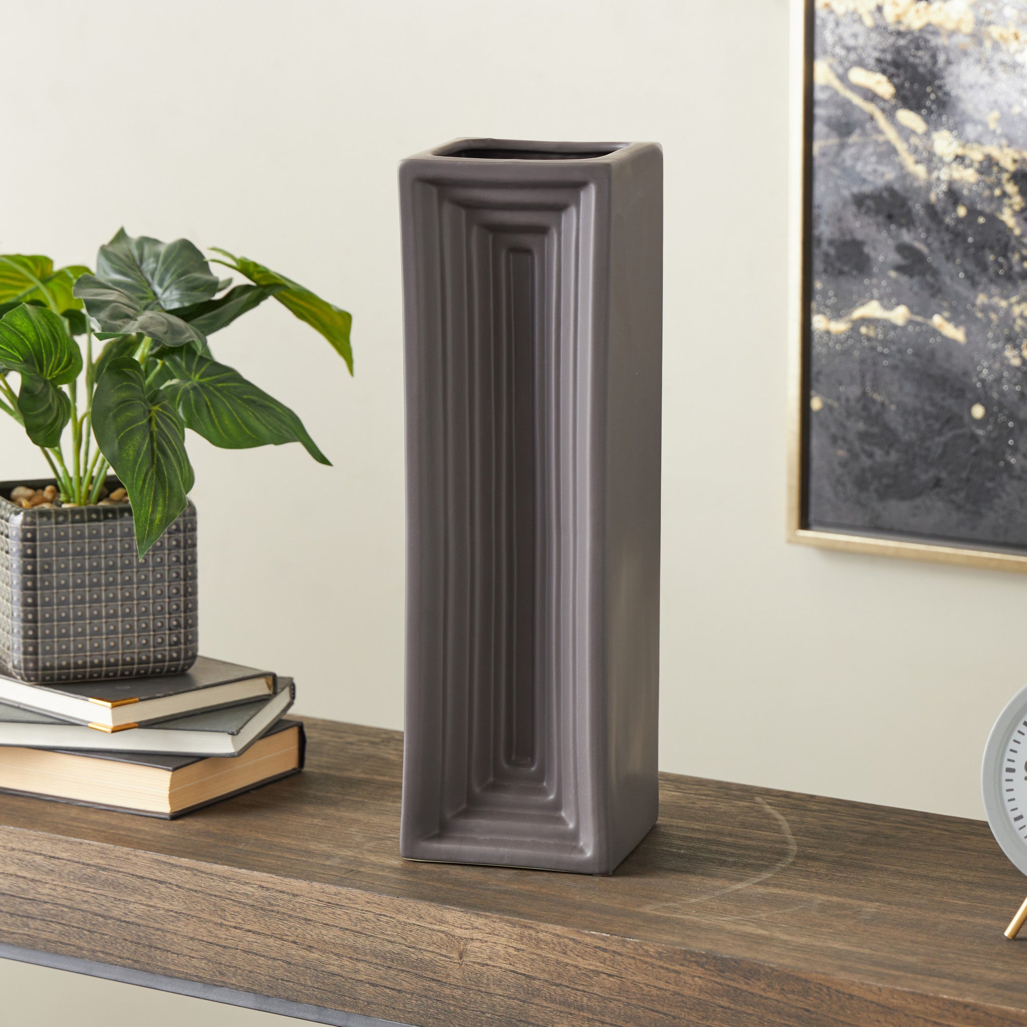 Geometric Black Ceramic Concaved Rectangular Decorative Vase