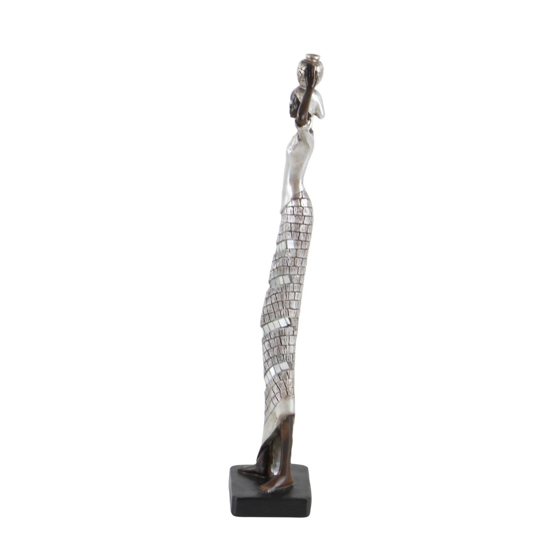Woman Silver Polystone Standing African Decorative Sculpture with Mosaic Details