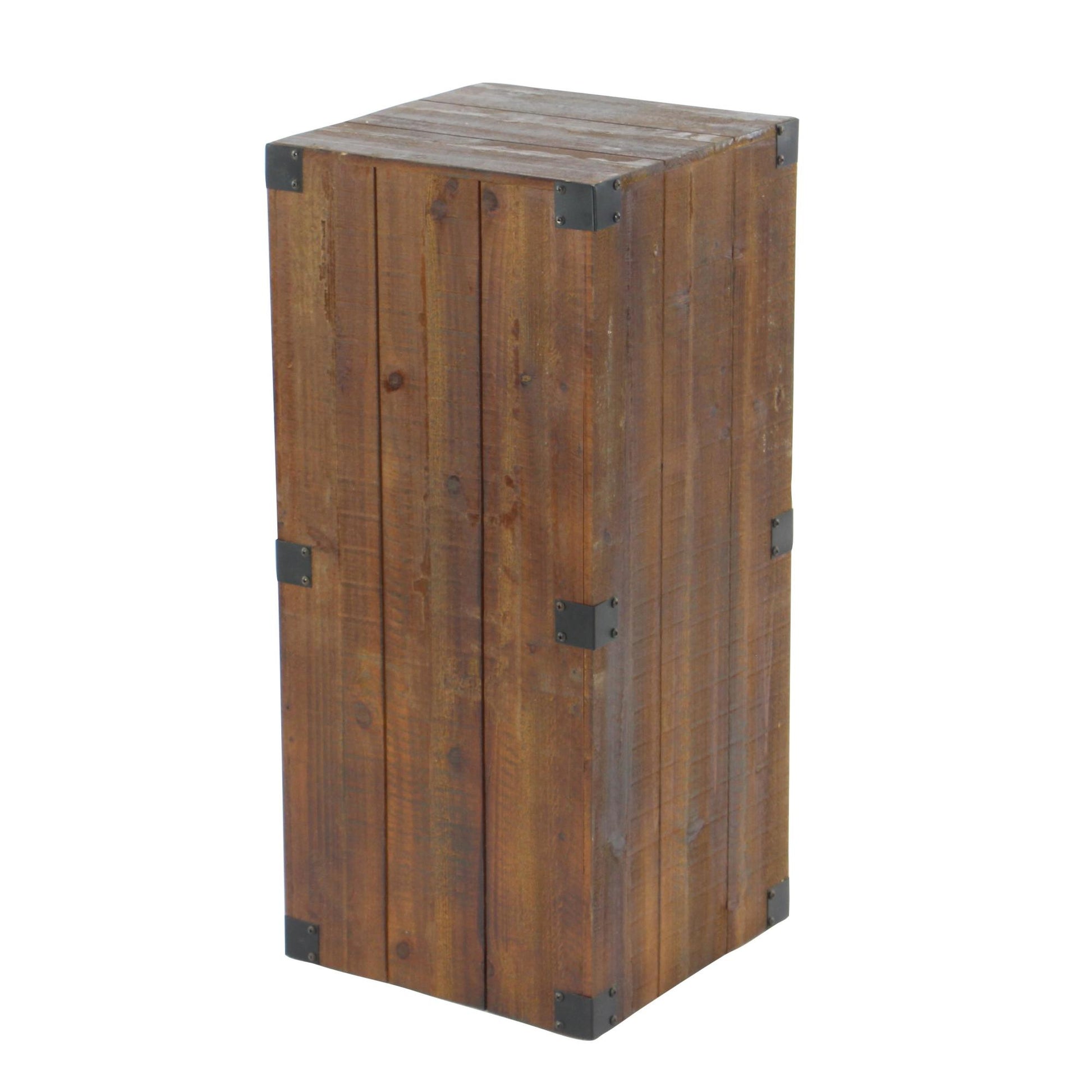 Set of 5 Brown Wood Pillar Style Side End Pedestal Table with Metal Corner Brackets