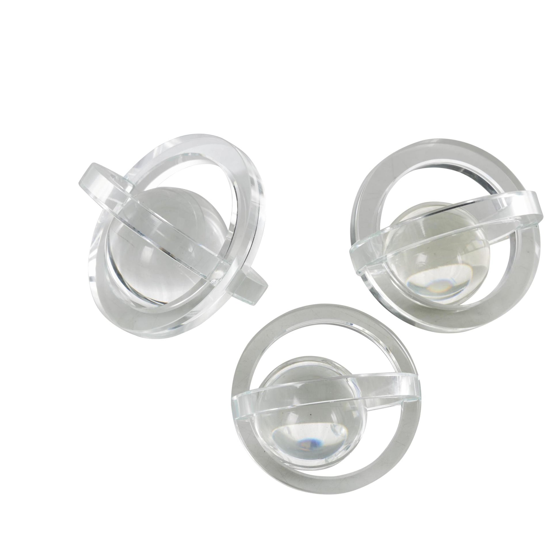 Set of 3 Geometric Clear Glass Orb Decorative Sculpture with Overlapping Rings and Ball Center
