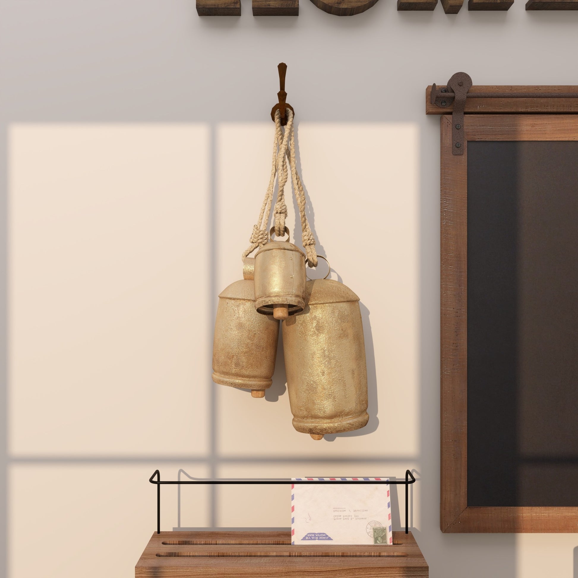 Set of 3 Metal Cluster Indoor Outdoor Decorative Cow Bells with Jute Hanging Rope Set of 3 10",8",6"H