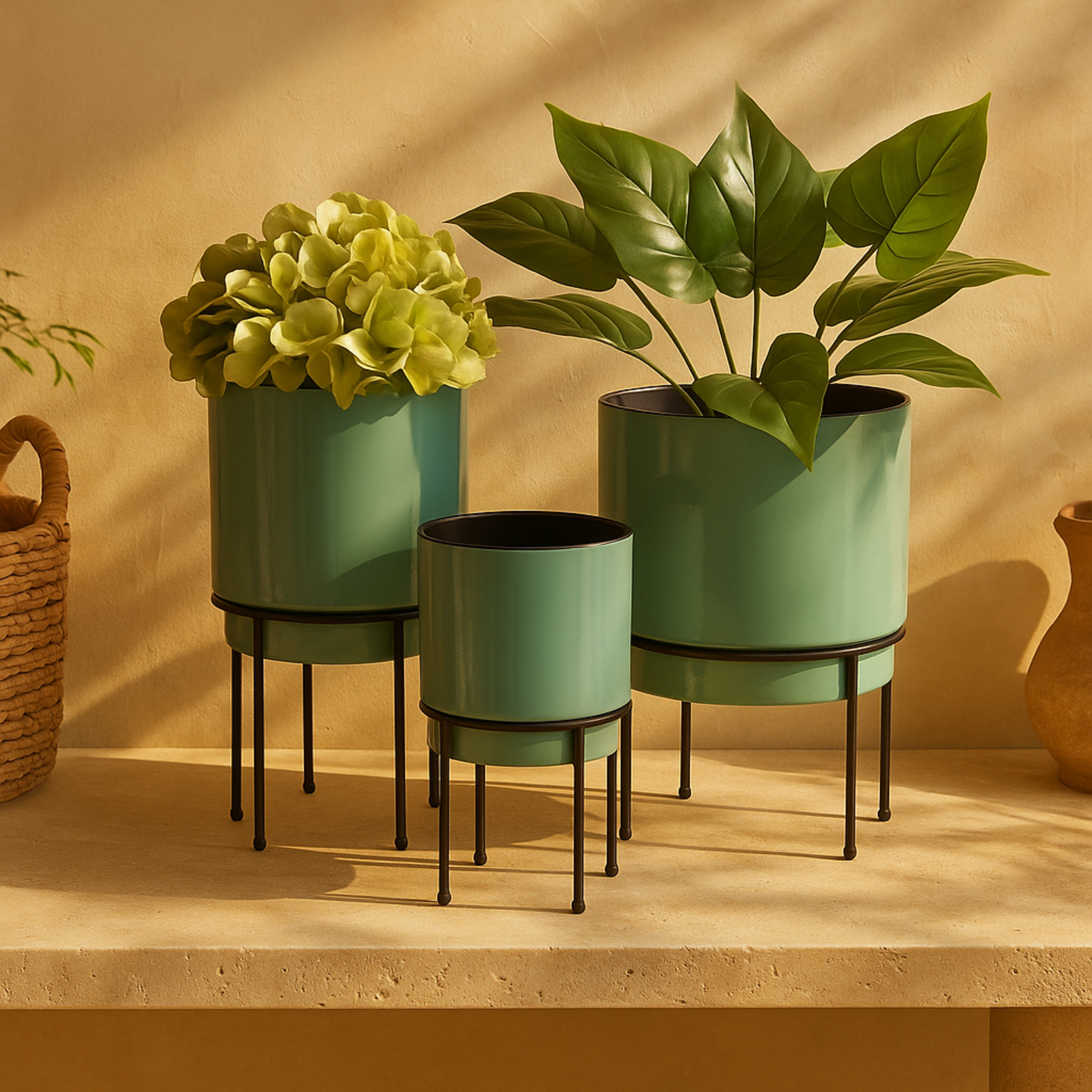 Set of 3 Metal Indoor Outdoor Planter with Removable Black Stand