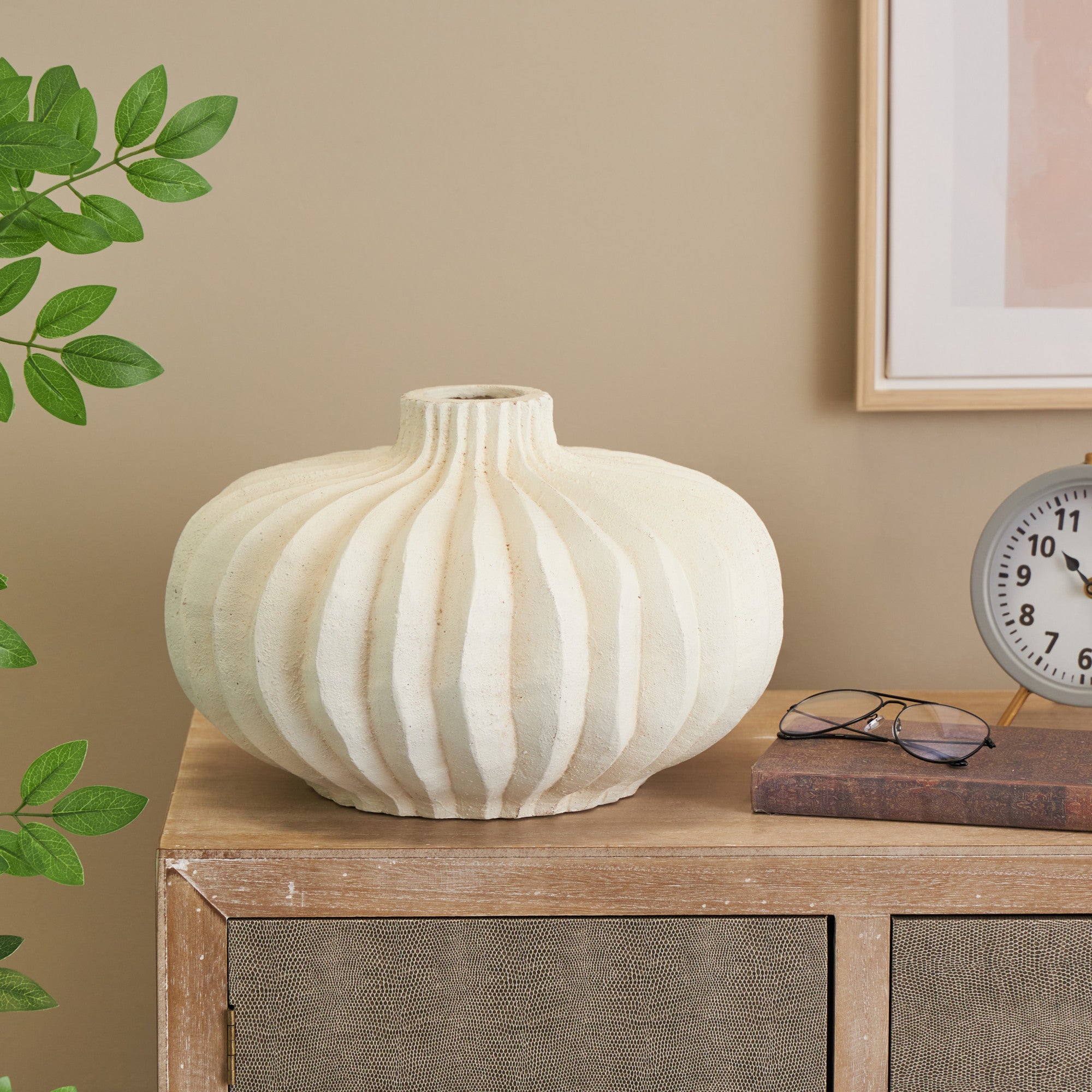 Abstract White Magnesium Oxide Short Wide Decorative Vase