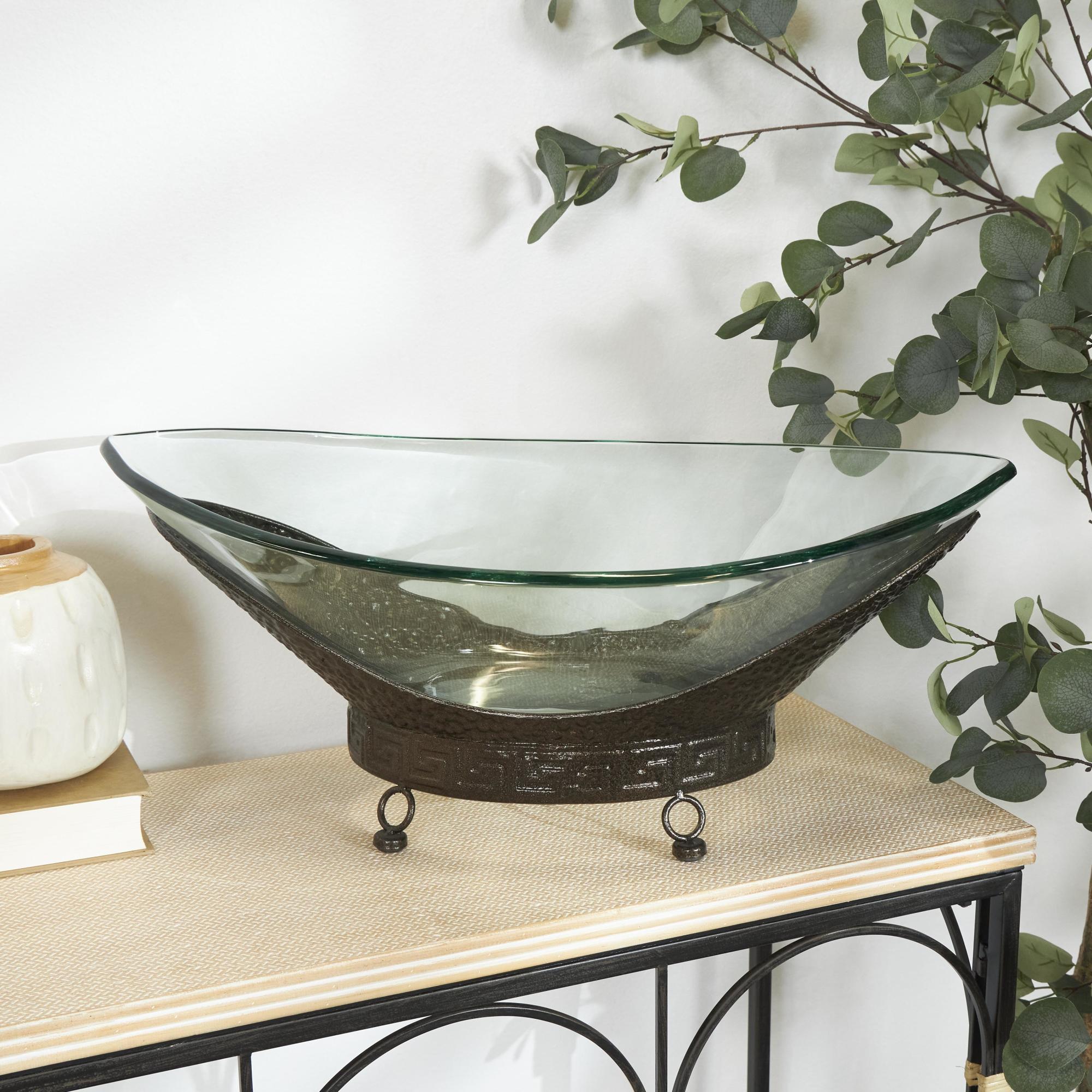 Kitchen Clear Tempered Glass Decorative Serving Bowl with Brown Metal Base
