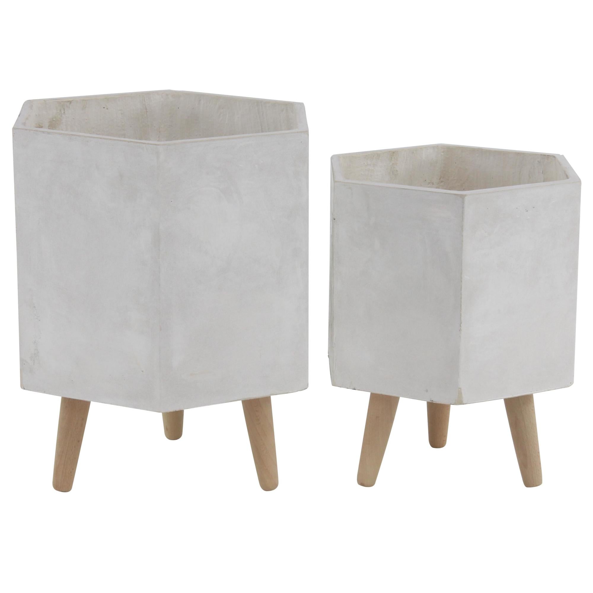 CosmoLiving by Cosmopolitan Set of 2 Geometric Light Gray Magnesium Oxide Hexagon Indoor Outdoor Planter with Brown Wooden Legs