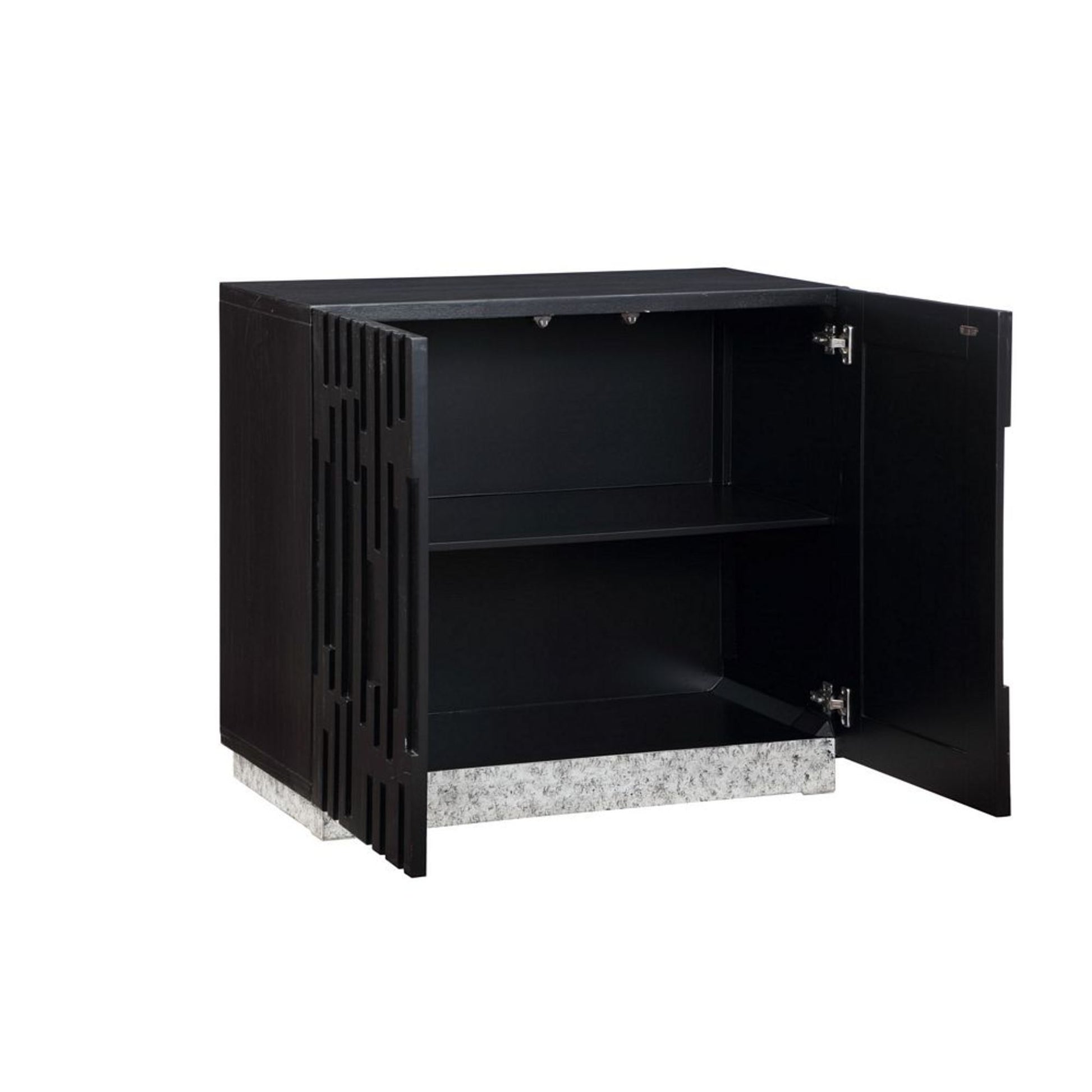 Geometric Black Wooden Carved Abstract 2 Door Room Cabinet with White Textured Block Base
