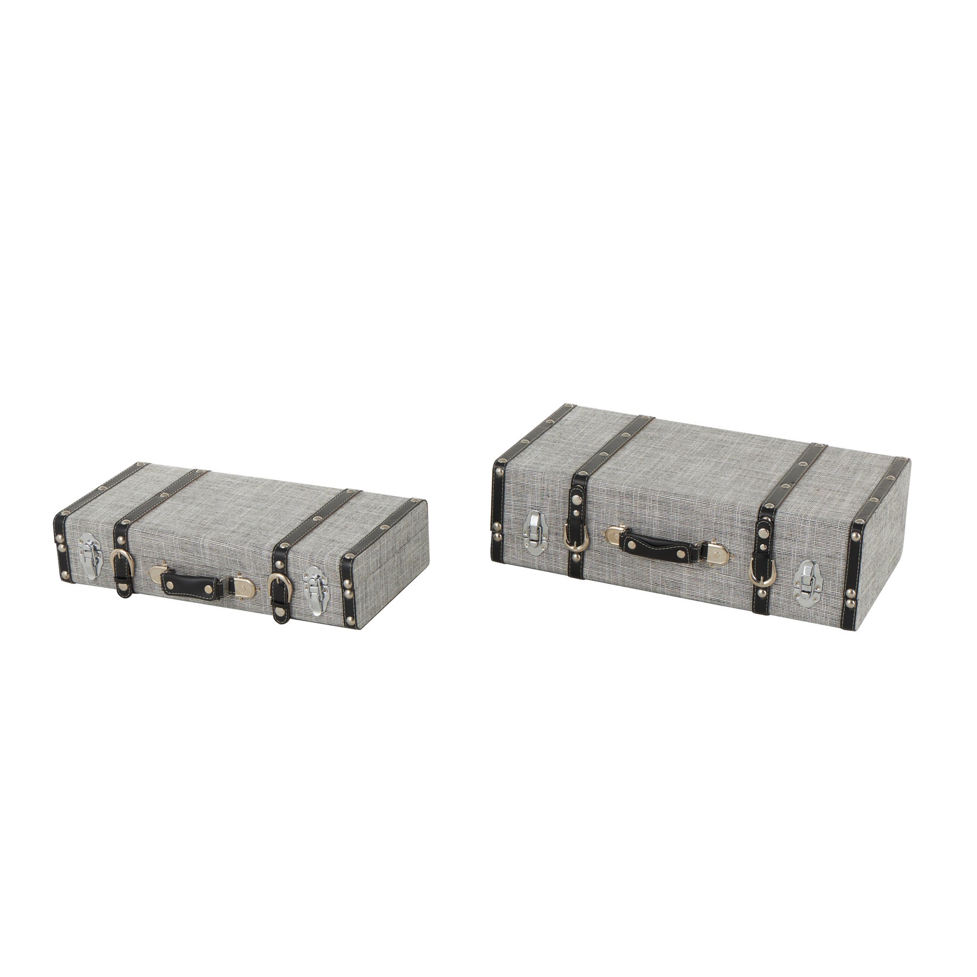 Set of 2 Gray Fabric Woven Storage Decorative Trunk with Silver Latches and Buckles