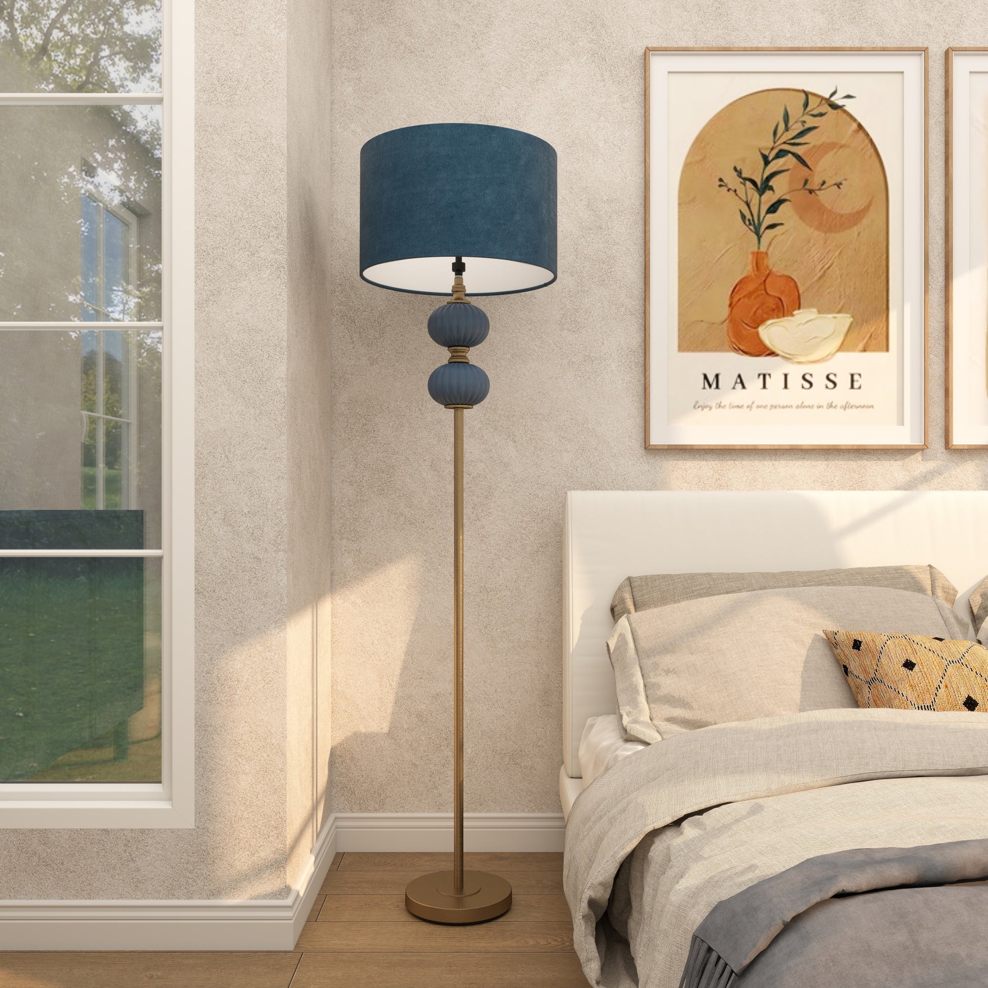 Blue Metal Ribbed Room Floor Lamp with Velvet Shade and Gold Accents