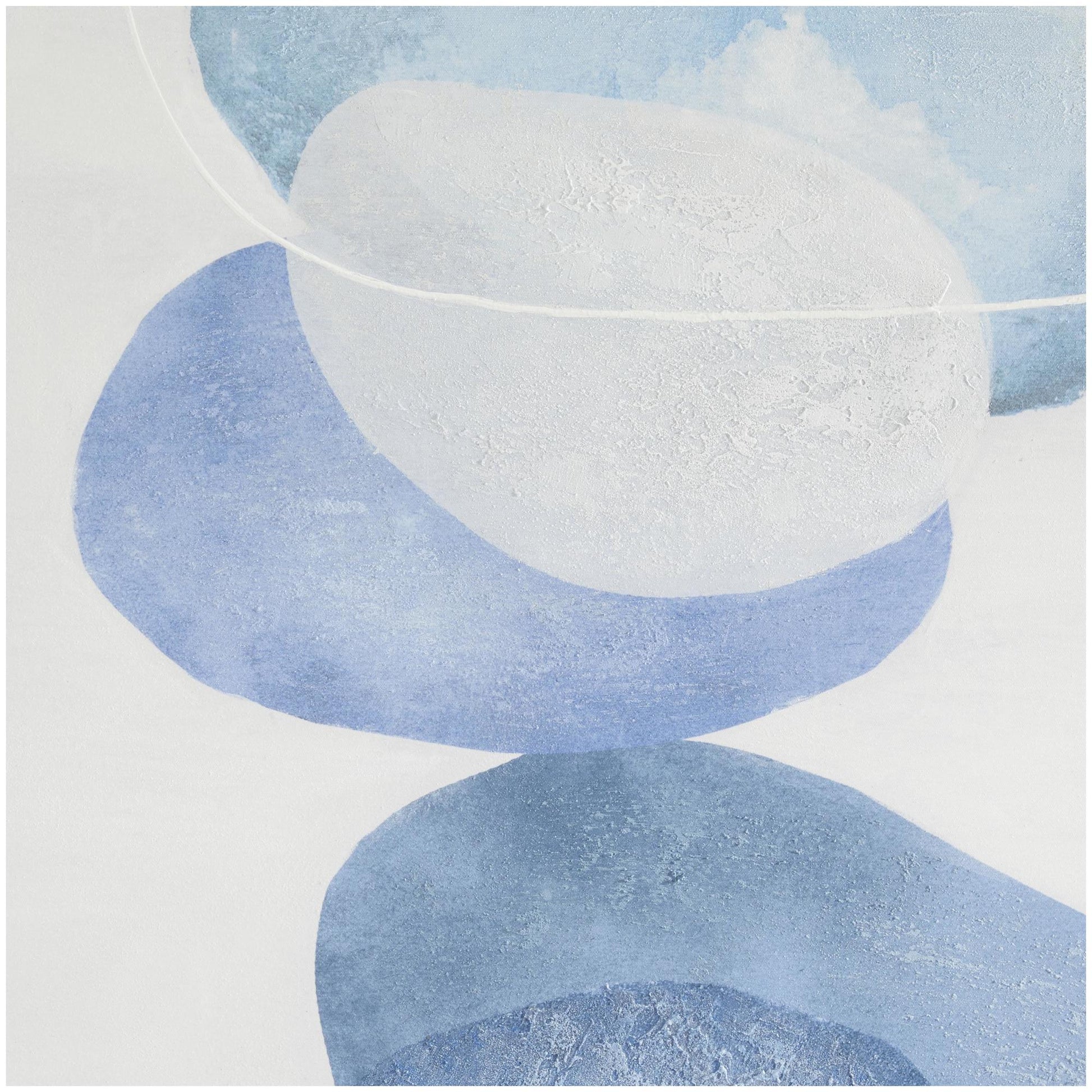 Abstract Blue Canvas Textured Overlapping Circle Living Room Framed Wall Art with White Accents